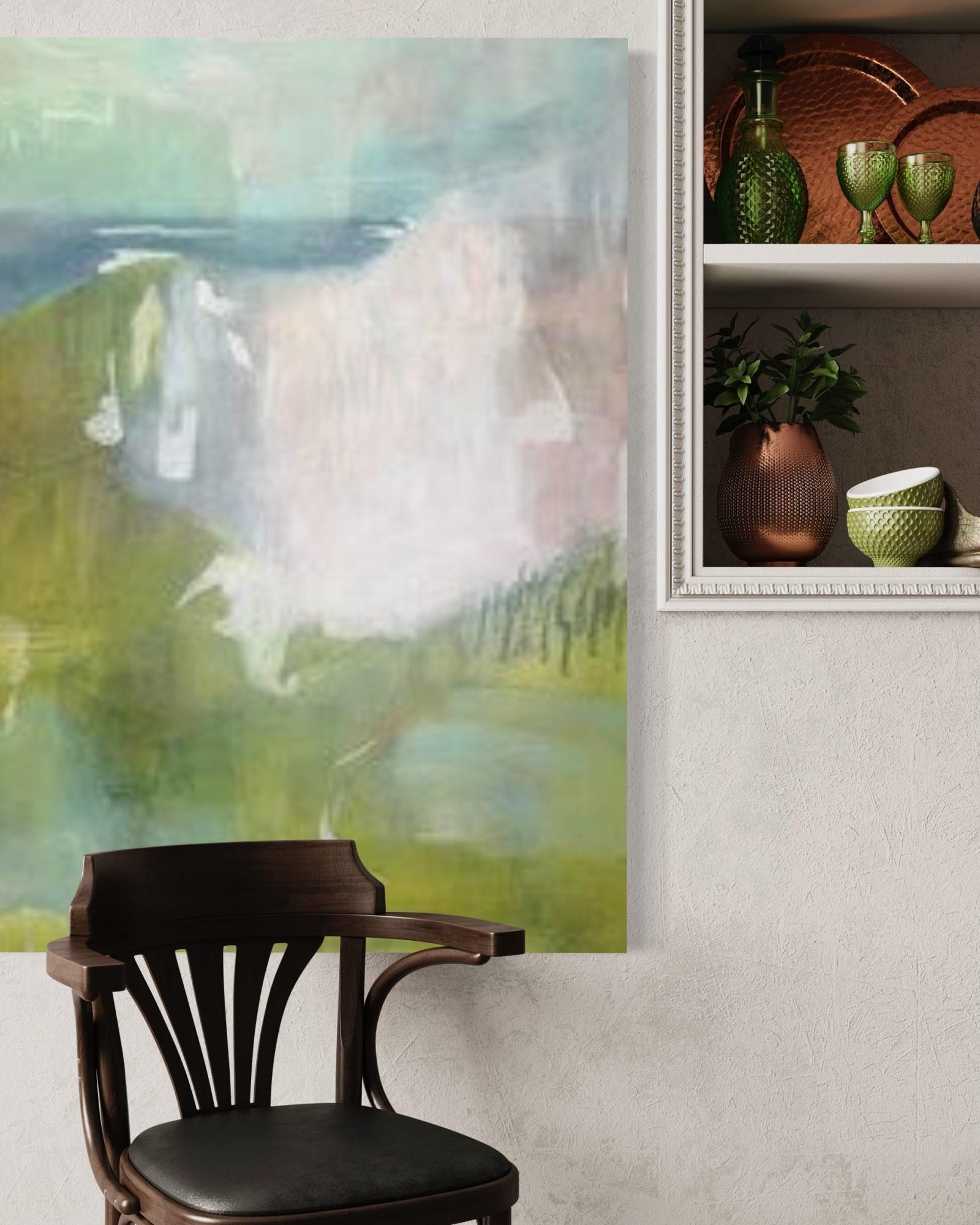 Natural Wonder 1, 2019, espressionismo astratto, paesaggio, verde, blu, rosa - Abstract Painting Grigio di Juanita Bellavance 