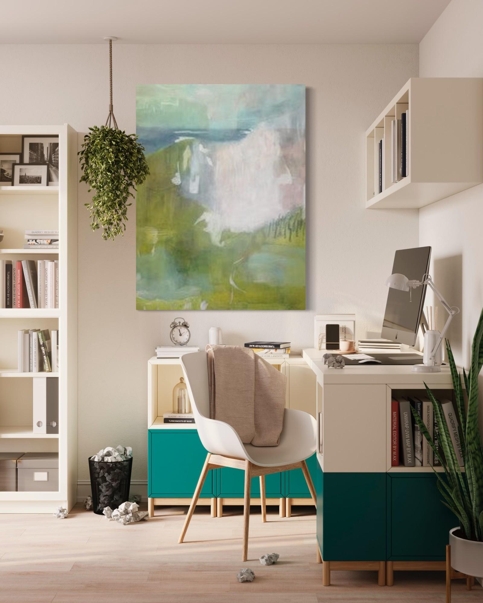 Questo dipinto originale di 48 x 36 pollici in blu, verde, rosa e bianco ricorda lo stupore e la meraviglia che spesso si provano in natura. Da una vista mozzafiato di scogliere verdeggianti e terra rosa pallido, l'oceano è visibile molto più in