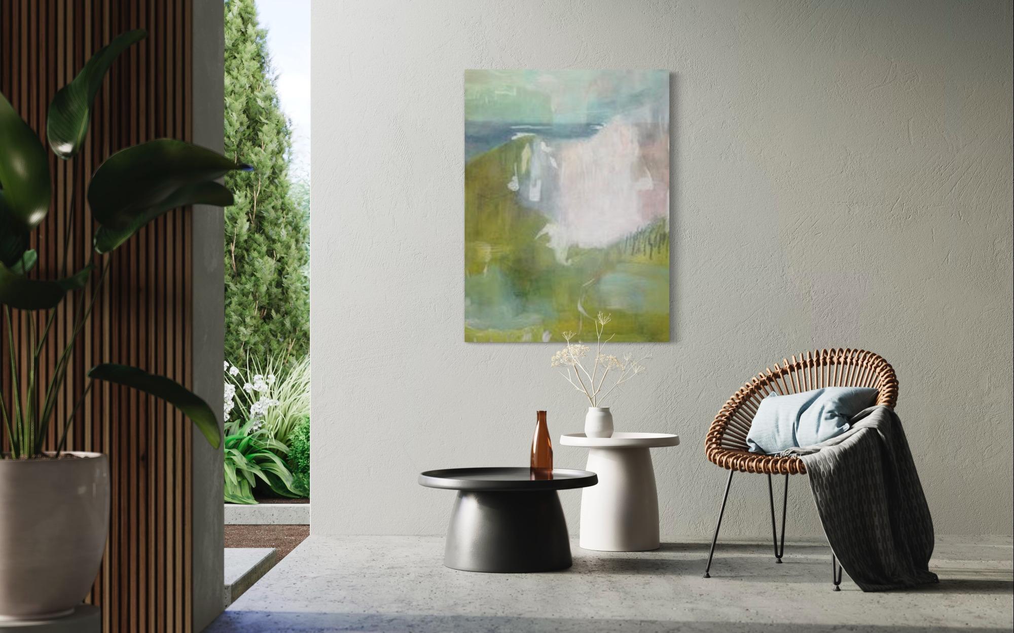 Natural Wonder 1, 2019, espressionismo astratto, paesaggio, verde, blu, rosa 1
