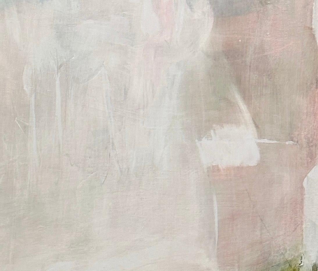 This original landscape painting captures the ethereal beauty of nature through soft greens, blues, and misty whites, evoking a tranquil and dreamlike atmosphere. The abstract composition suggests rolling hills, distant waters, and a gentle veil of