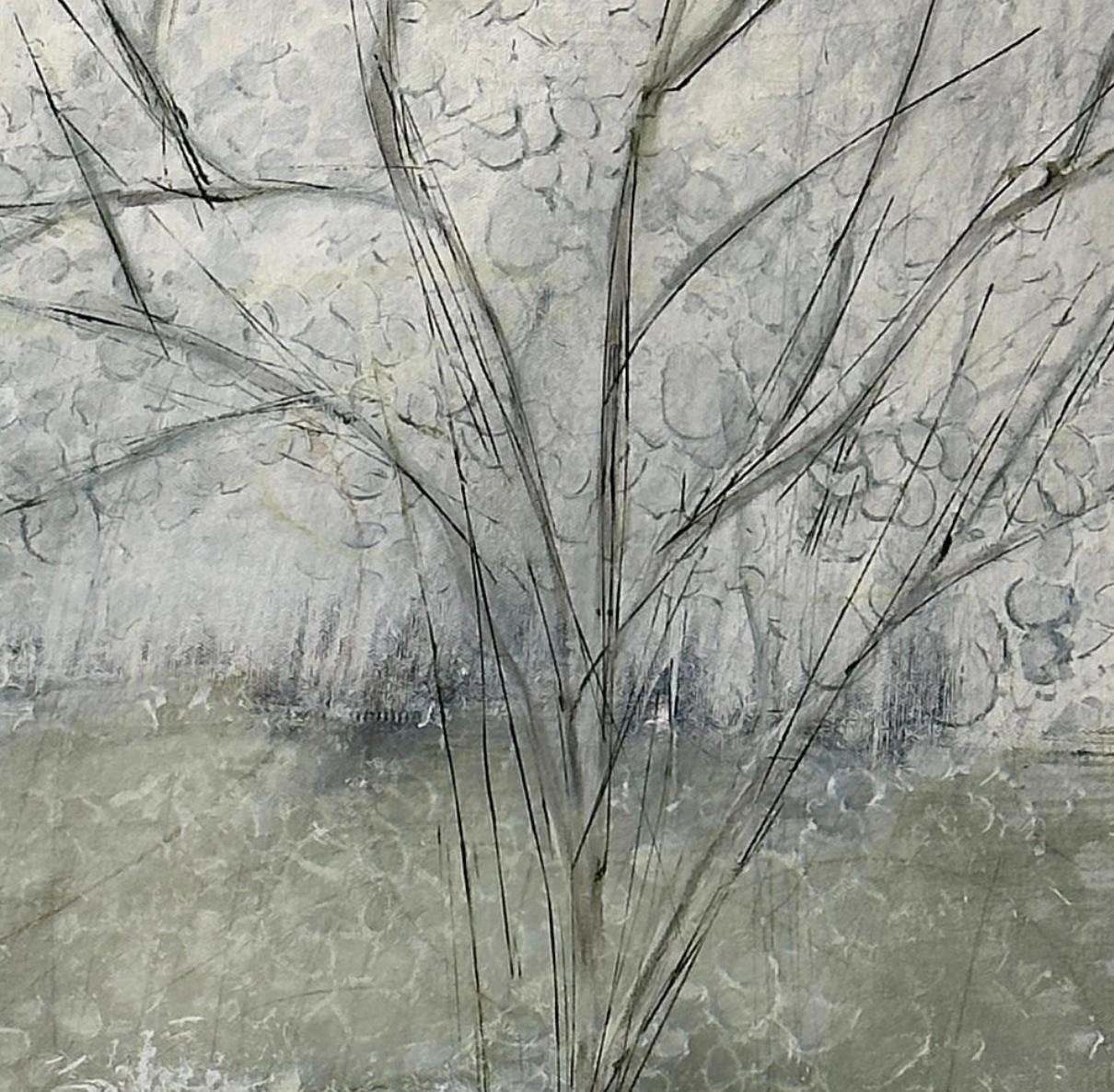 Neutral green, gray, white, uplifting, Sweet Walk - Gray Abstract Painting by Juanita Bellavance 