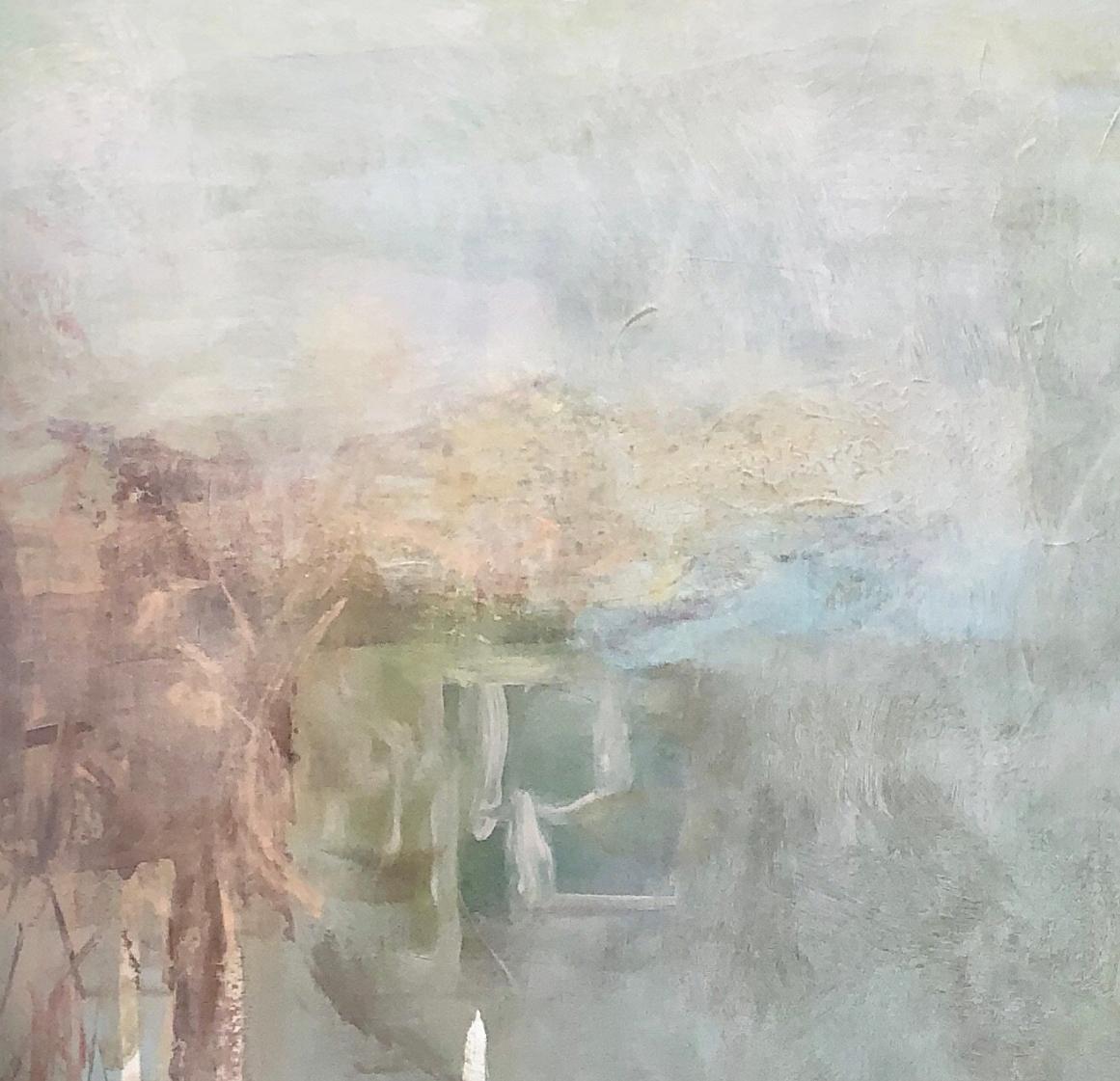On the river 2, Contemporary landscape, coral, white, blue - Painting by Juanita Bellavance 