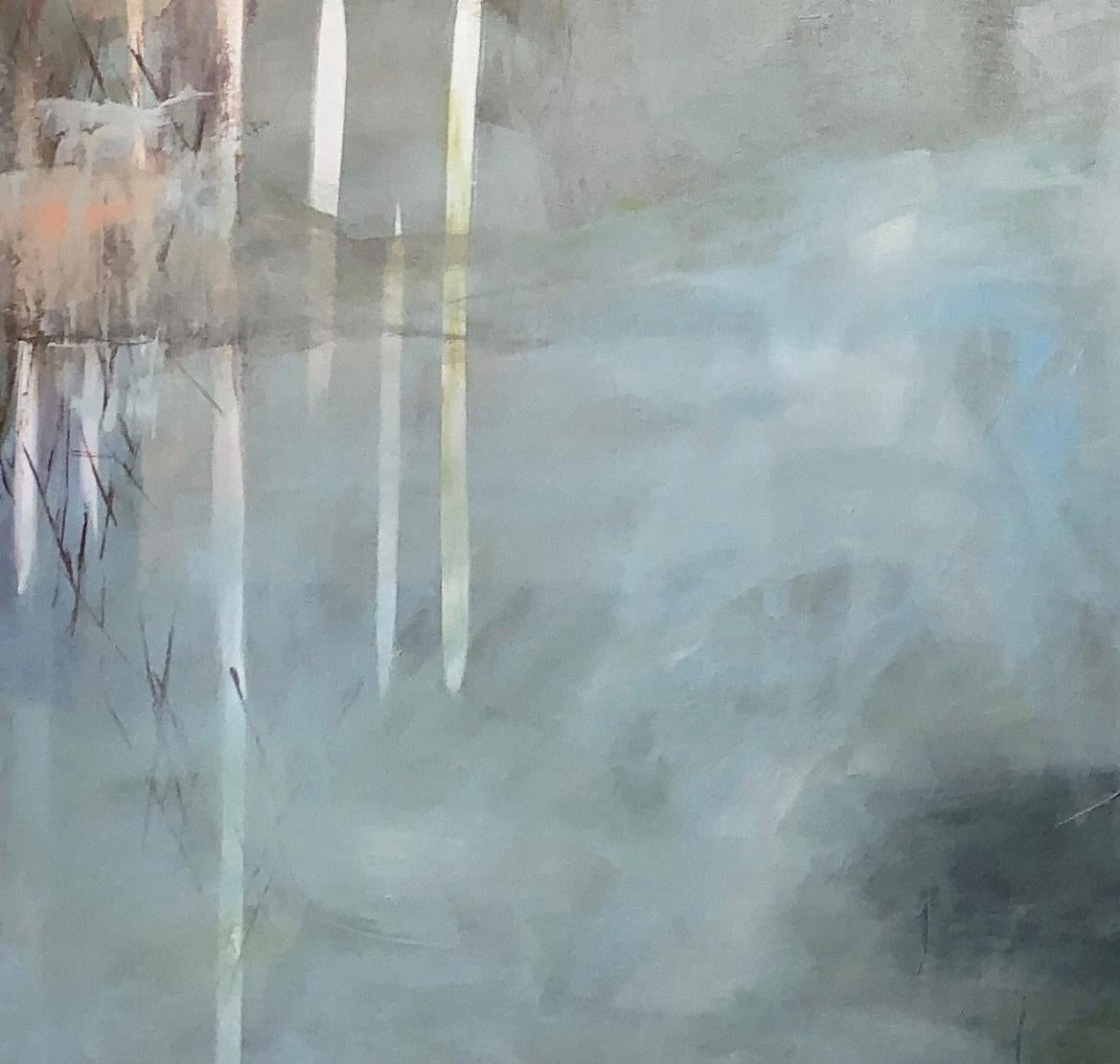 On the river 2, Contemporary landscape, coral, white, blue - Abstract Impressionist Painting by Juanita Bellavance 