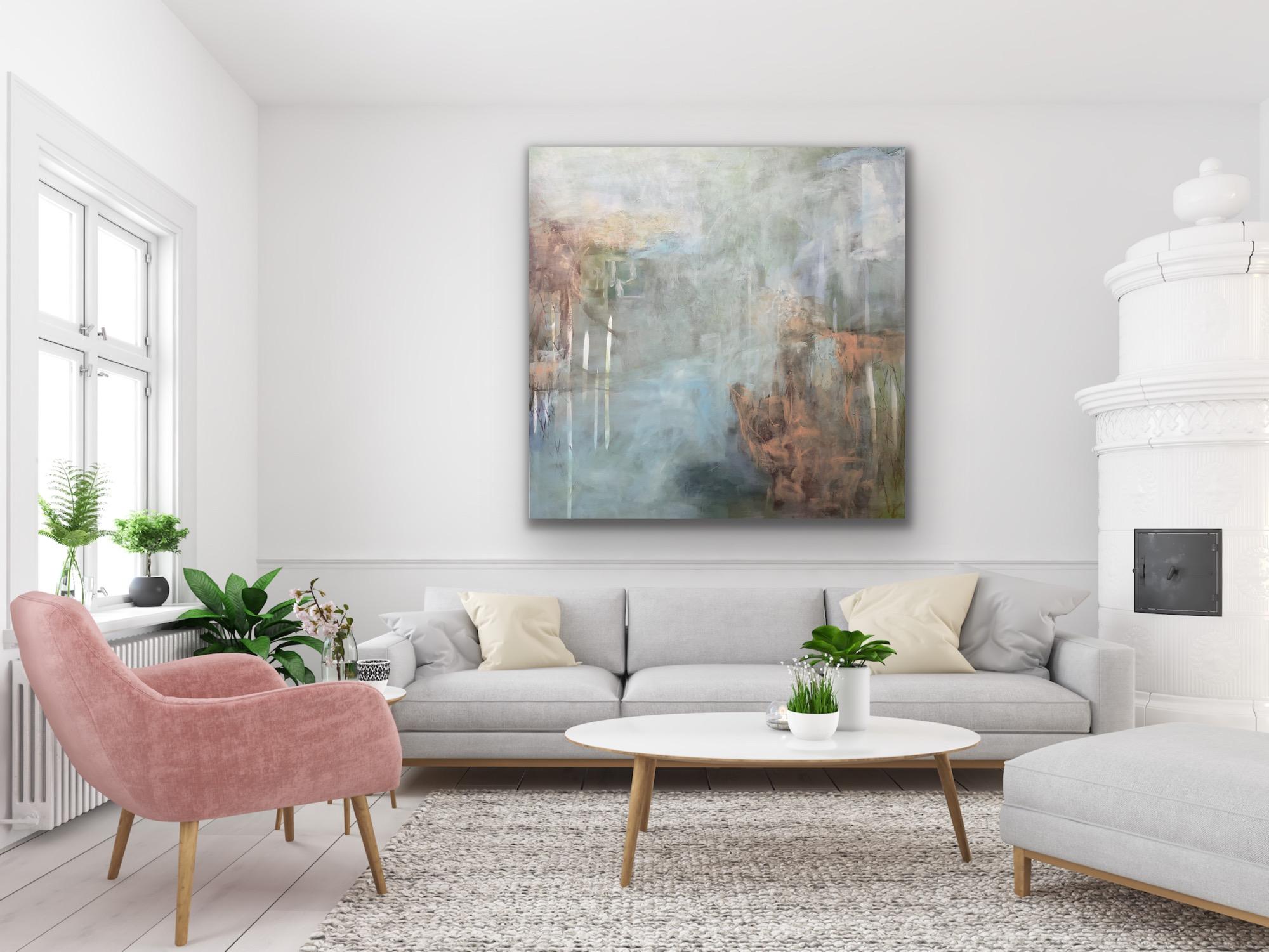 On the river 2, Contemporary landscape, coral, white, blue - Gray Abstract Painting by Juanita Bellavance 