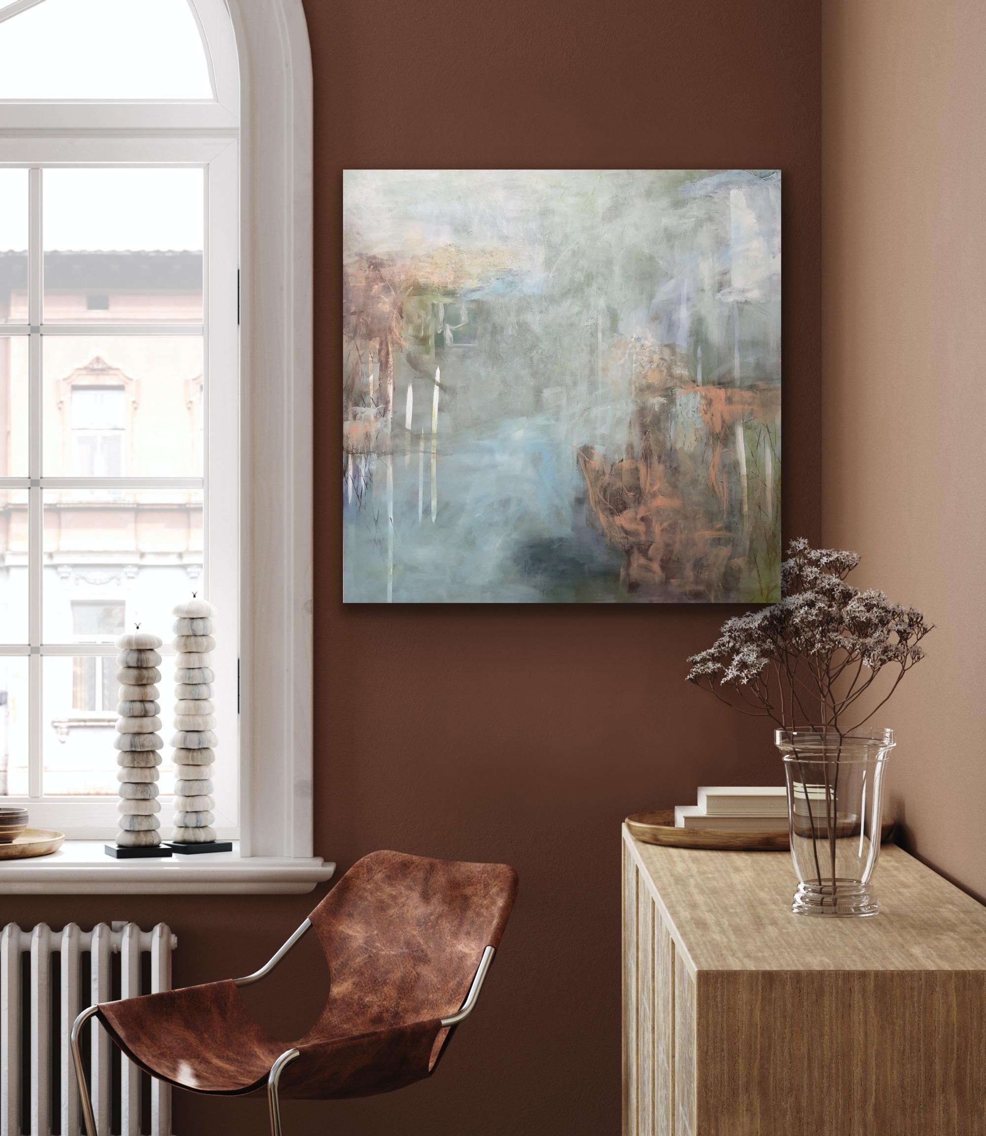This painting reminds me of a quaint town where a blue stream runs through the middle.  The buildings beyond are grayed with fog.  The building nearest the foreground has coral impressionist florals running up the side of the building and over the