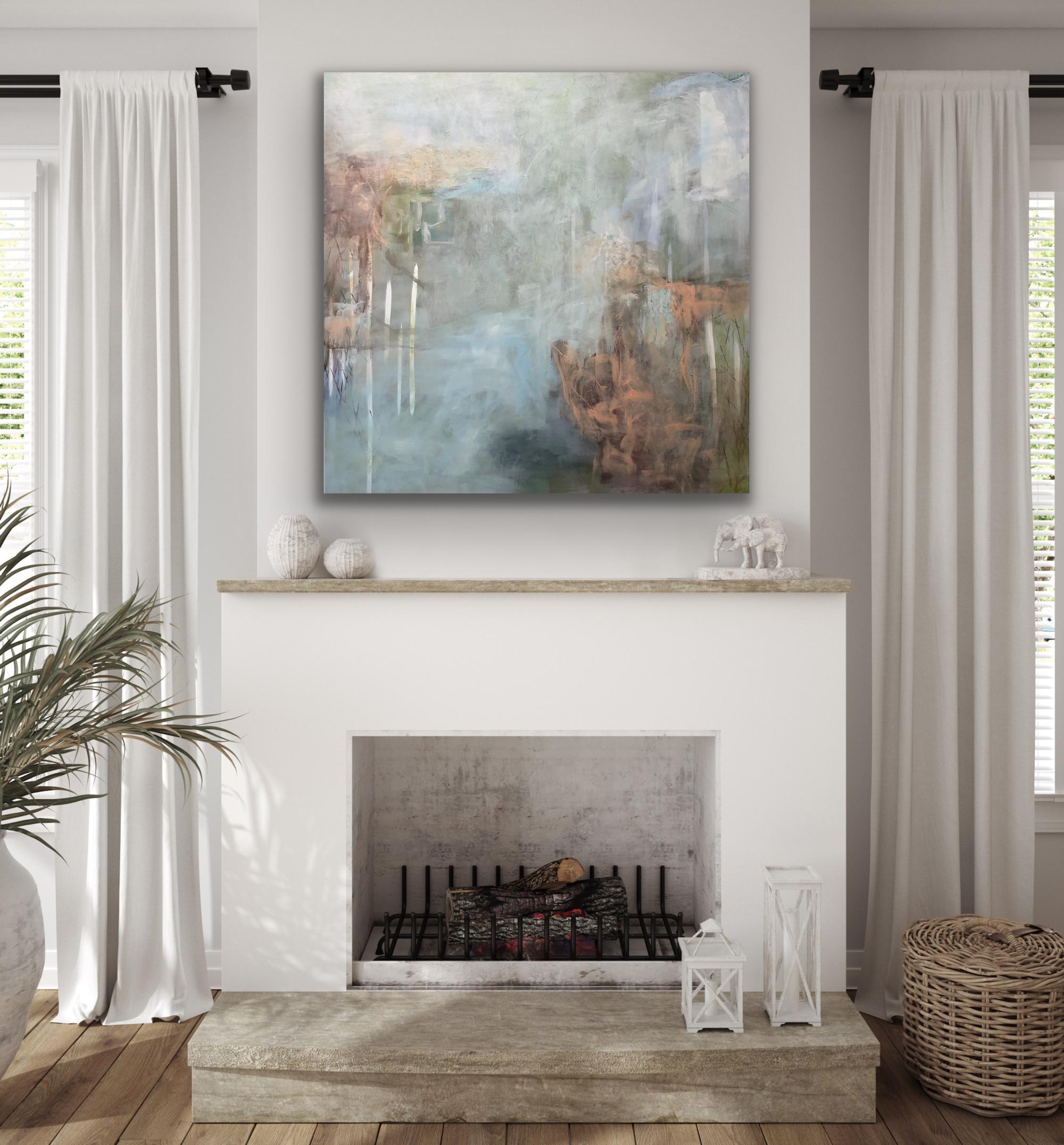 On the river 2, Contemporary landscape, coral, white, blue 1
