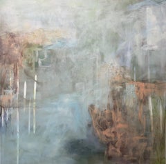 On the river 2, Contemporary landscape, coral, white, blue