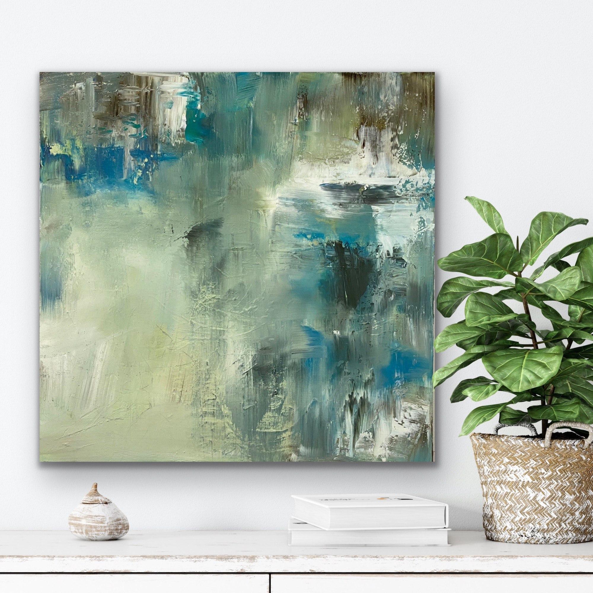 Out of the Blue, blue, yellow, green, brown, white, abstract expressionism - Gray Abstract Painting by Juanita Bellavance 