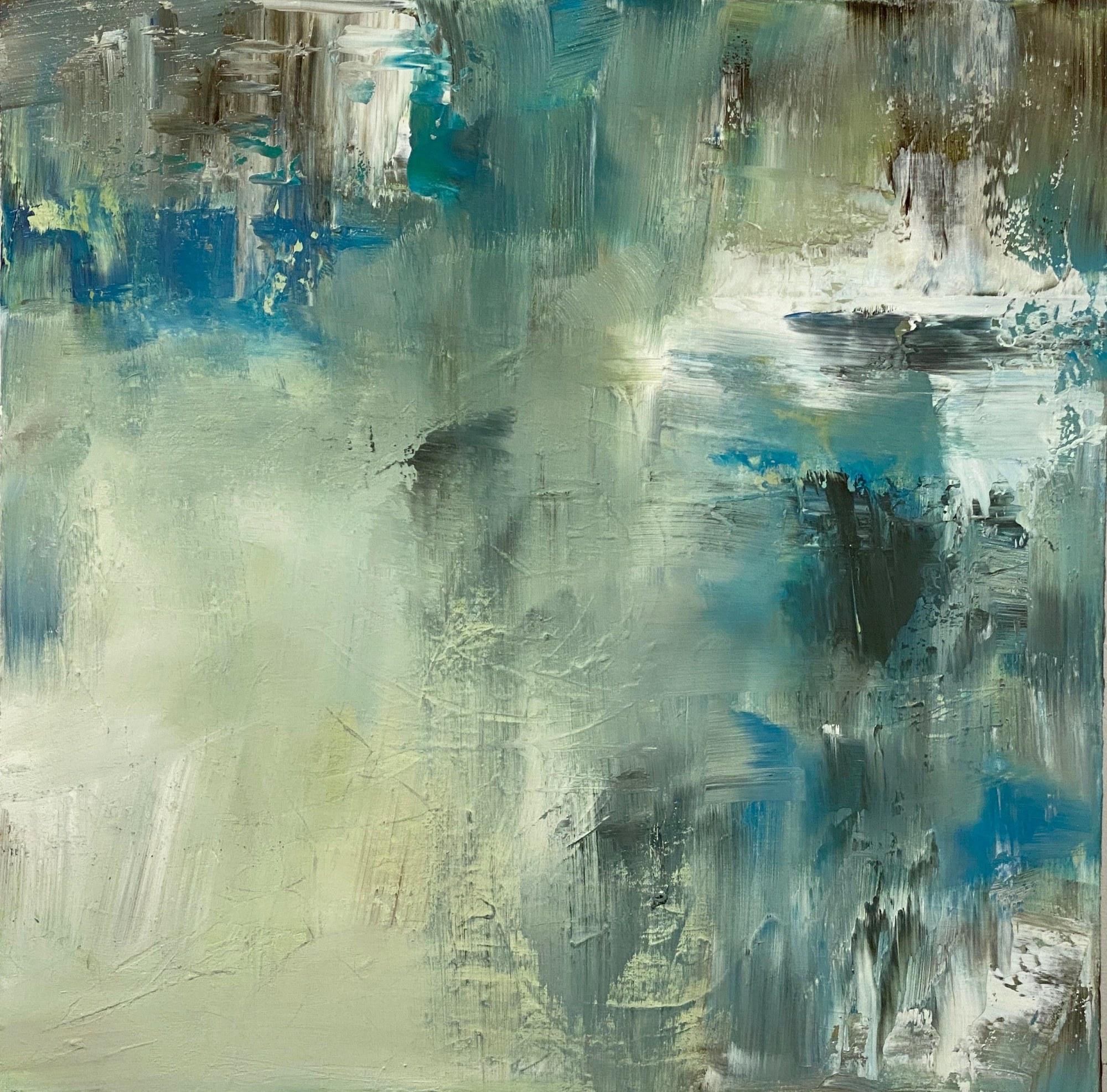 Juanita Bellavance  Abstract Painting - Out of the Blue, blue, yellow, green, brown, white, abstract expressionism