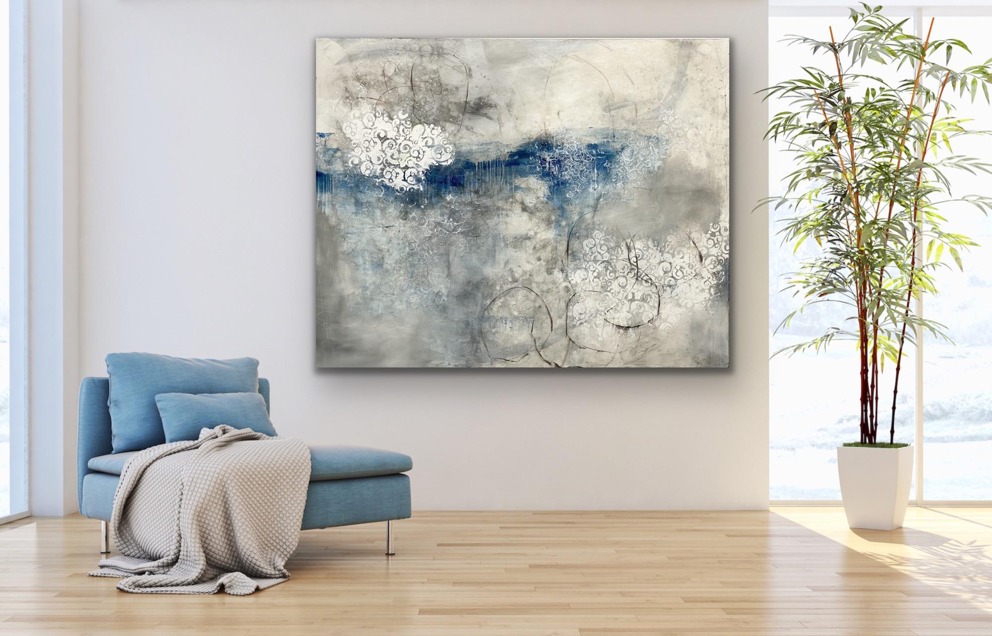 Pool of tranquility,  Contemporary seascape, blue, ocean, 2020, Acrylic on canva - Gray Landscape Painting by Juanita Bellavance 