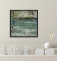 Reflektorische, tealfarbene, grüne, neutrale, zeitgenössische Landschaft, 2021, Acryl