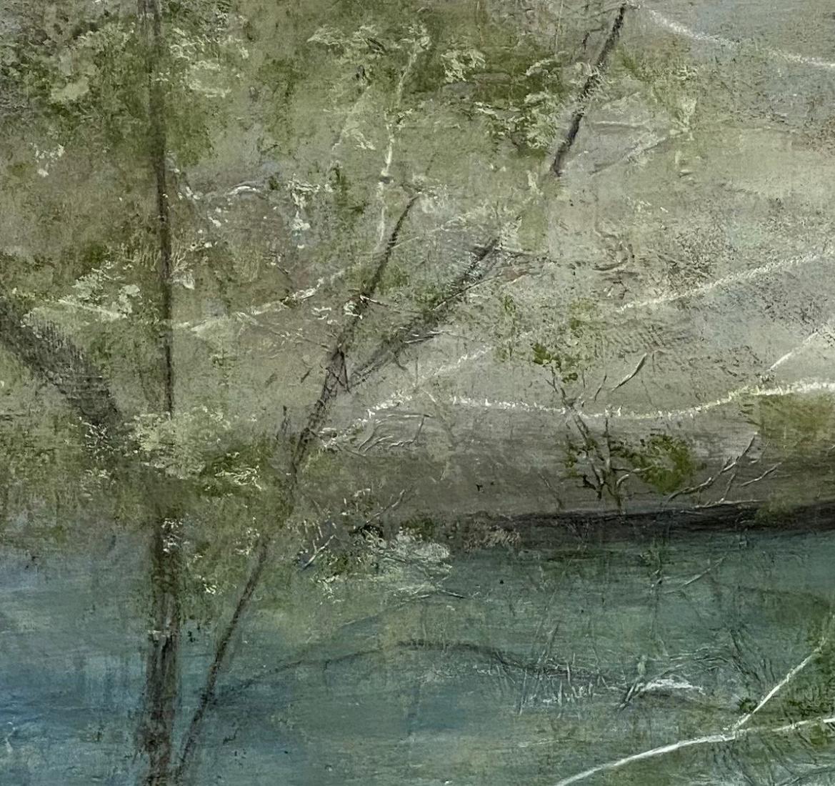 Reflective, teal, green, neutral, contemporary landscape, 2021, Acrylic - Abstract Impressionist Painting by Juanita Bellavance 
