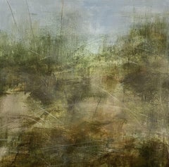 Terreno della riva del fiume, verde, marrone, blu, paesaggio contemporaneo, 2021, Acrilico