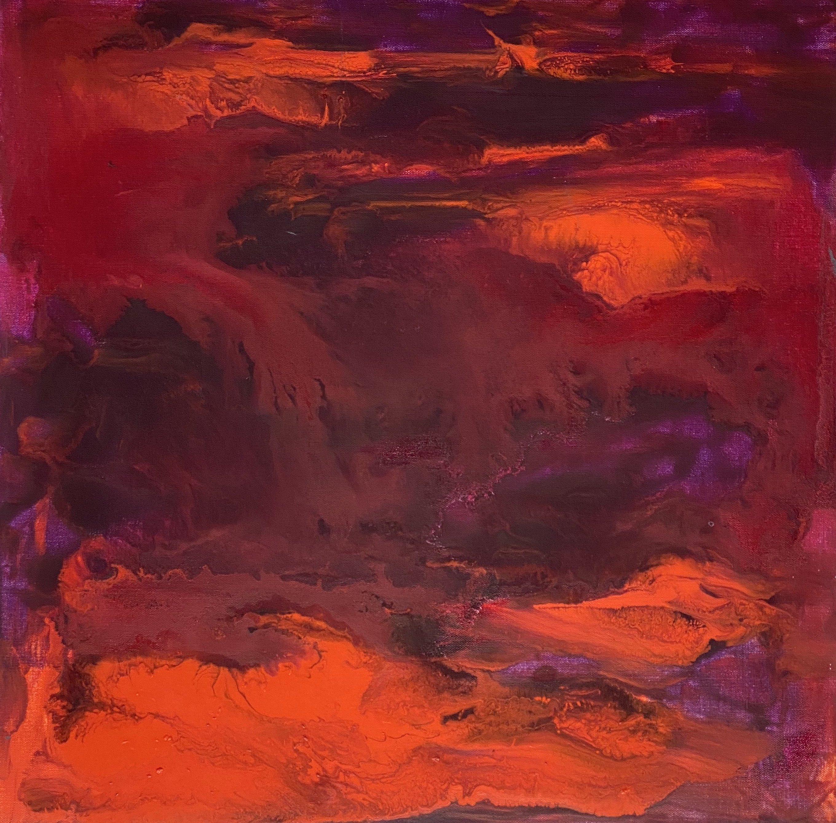 Abstract Painting di Juanita Bellavance  - Sailor's delight, pittura contemporanea con rossi, arancioni e violetti