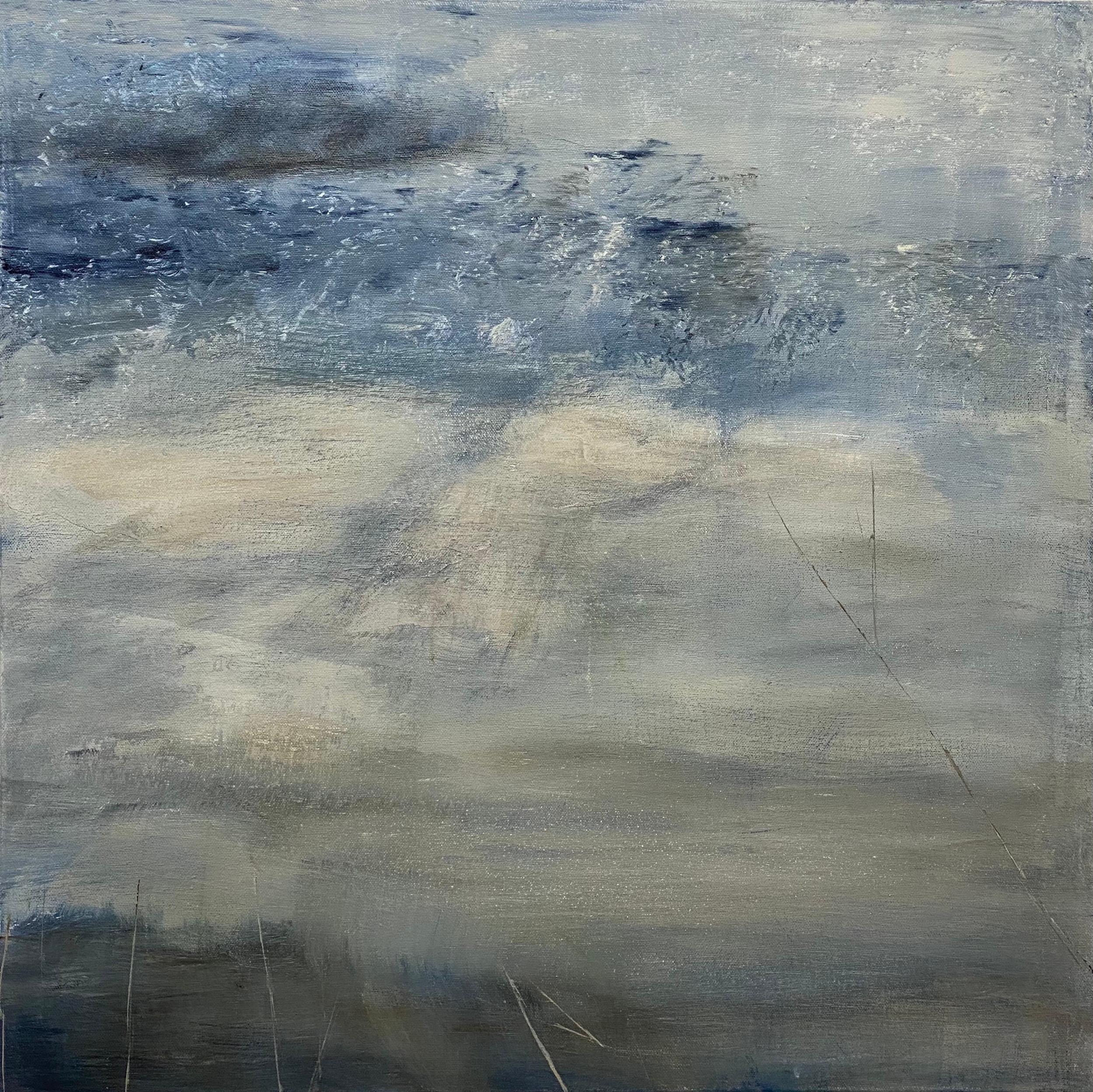 Juanita Bellavance  Abstract Painting - Sands of time, blue, white, neutral contemporary landscape painting