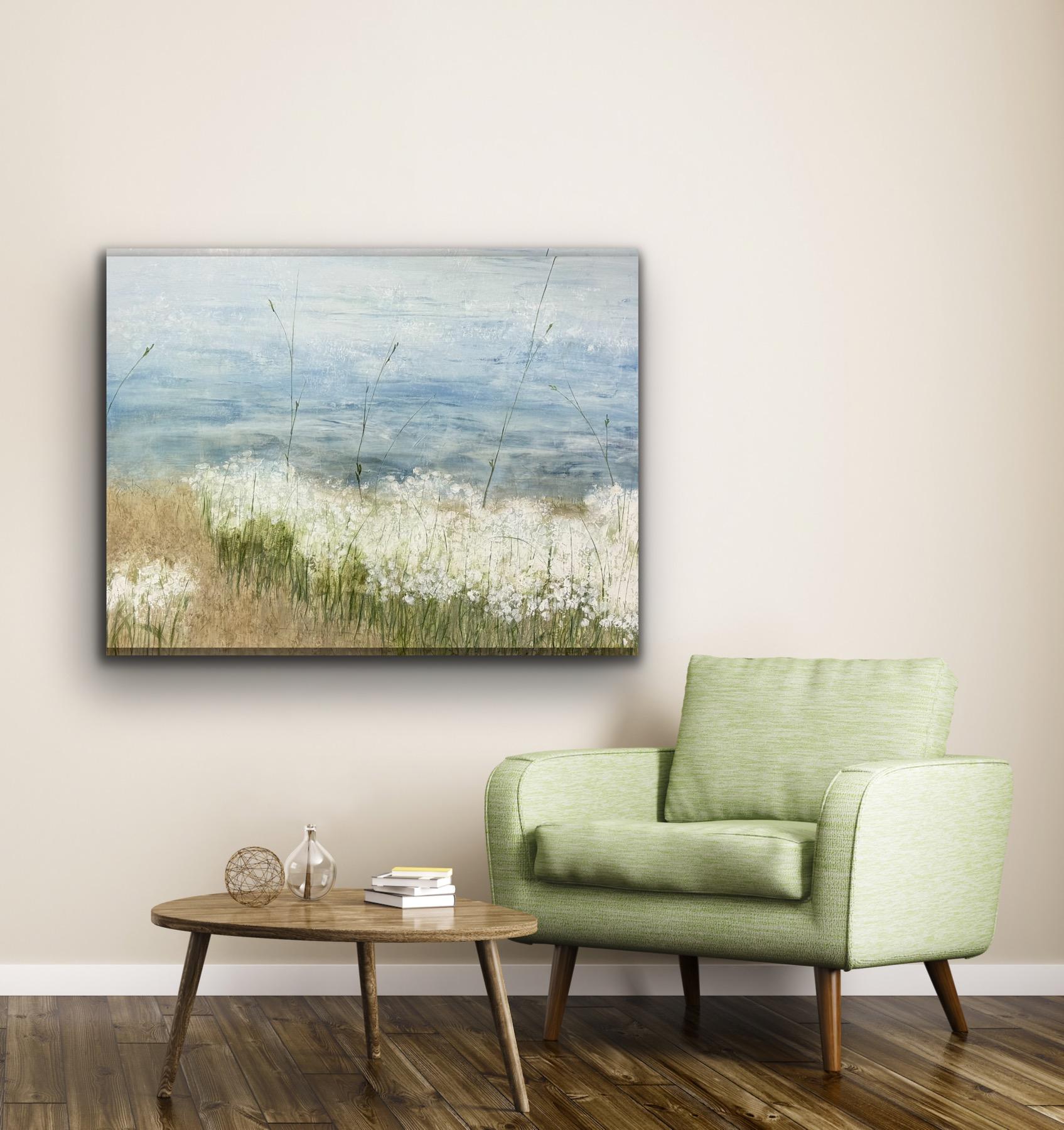 Encanto primaveral, relajante, azul, blanco, río, flores, naturaleza - Painting de Juanita Bellavance 