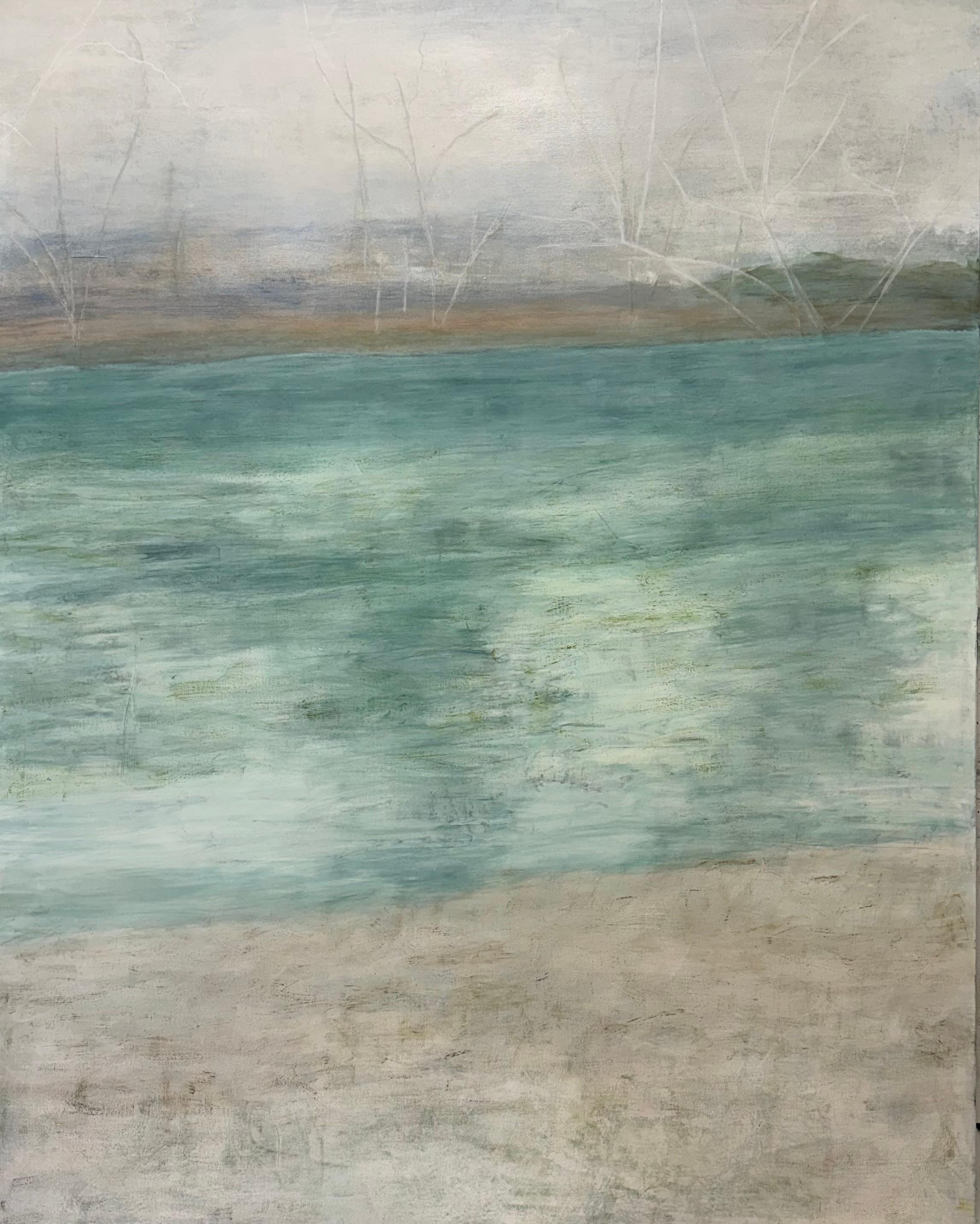 Juanita Bellavance  Landscape Painting - Spring Foliage Rising, Original abstract river painting, blue-green, sand