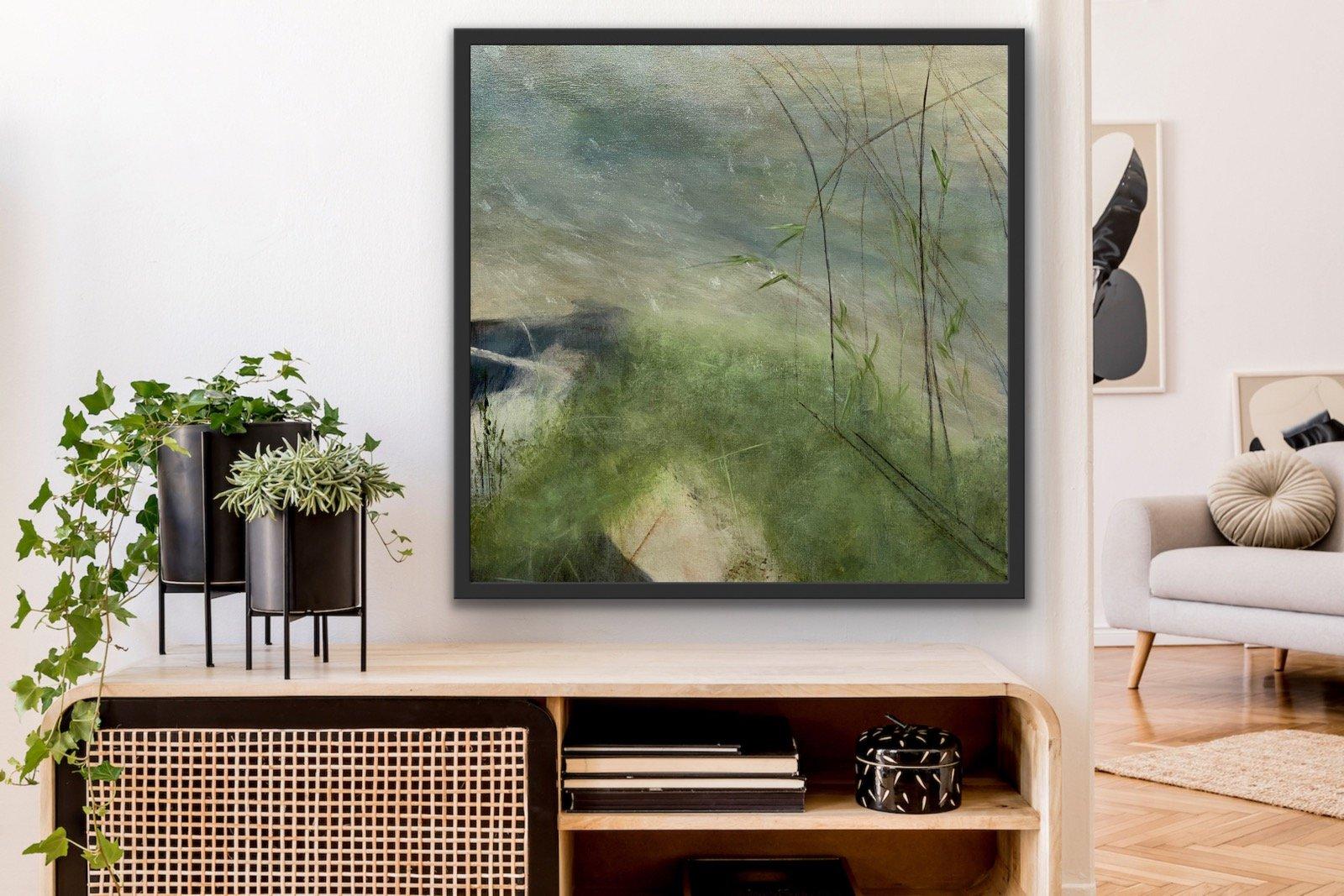 Frühlingsfreude, blau, grün, neutral, zeitgenössische Landschaft, 2021, Acryl – Painting von Juanita Bellavance 