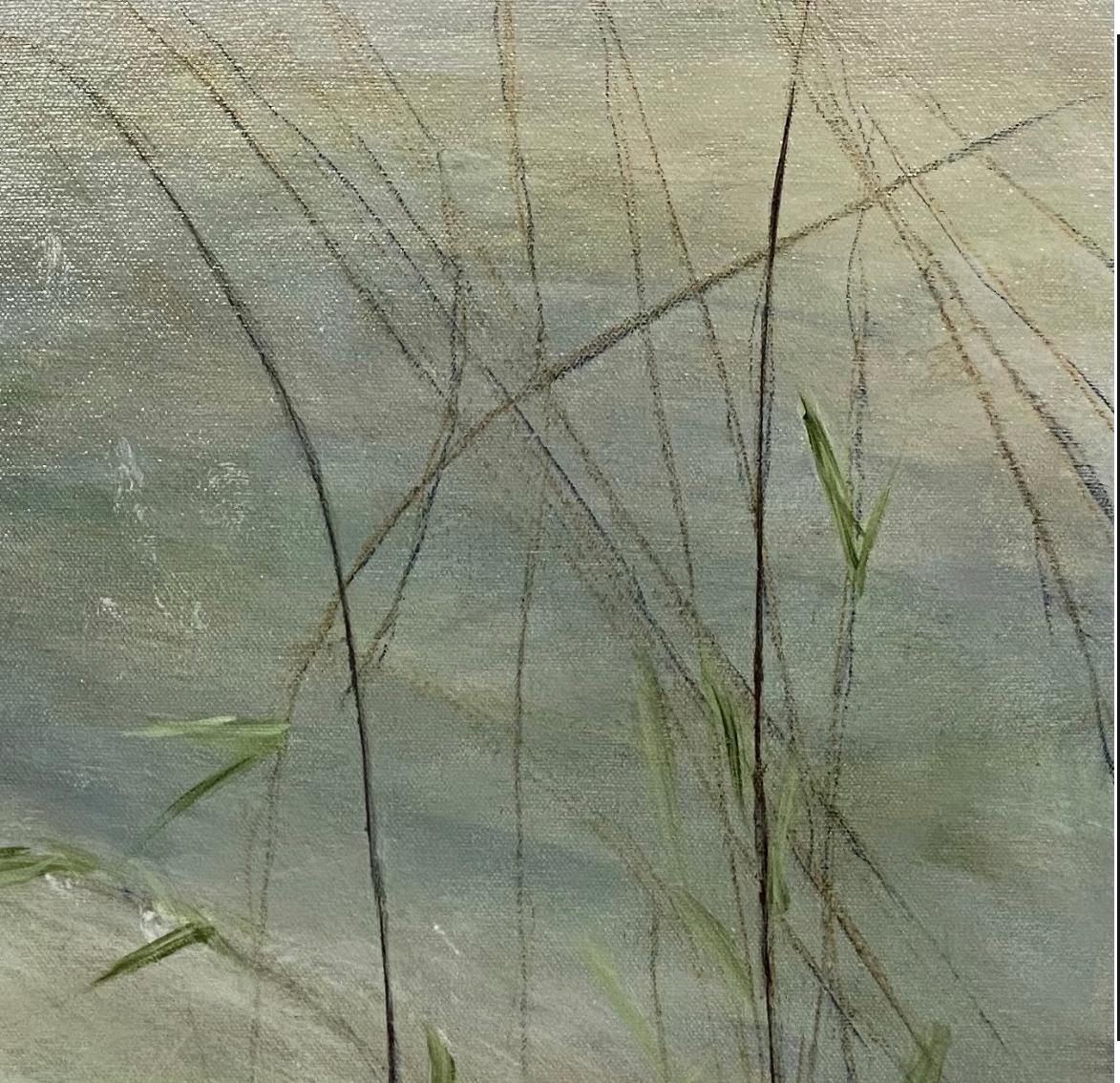 Frühlingsfreude, blau, grün, neutral, zeitgenössische Landschaft, 2021, Acryl (Grau), Abstract Painting, von Juanita Bellavance 