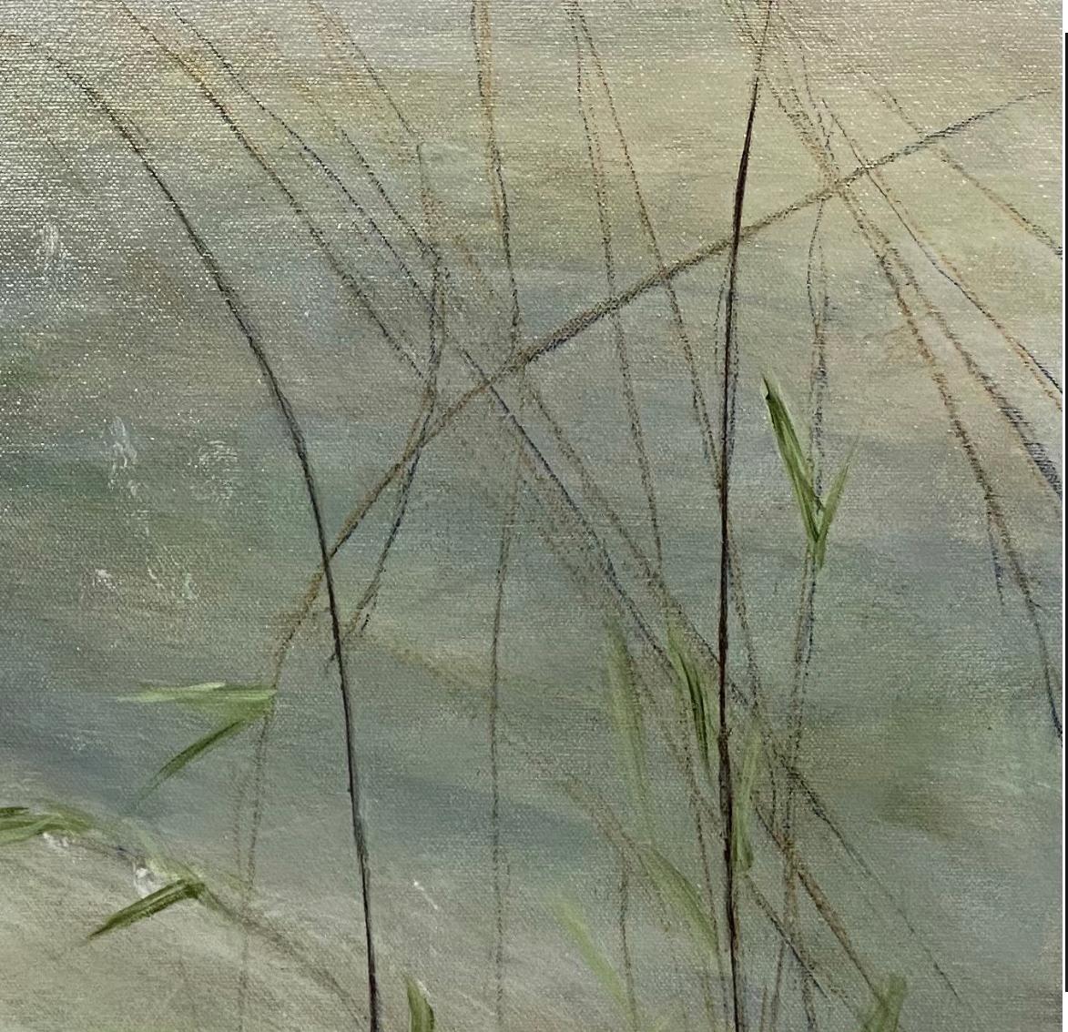 Alegría primaveral, azul, verde, neutro, paisaje contemporáneo, 2021, Acrílico - Abstract Painting Gris de Juanita Bellavance 
