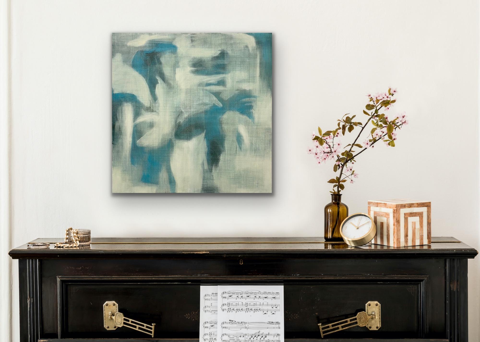 Lino filato, Astratto contemporaneo, blu, bianco, grigio, effetto lino in vendita 7