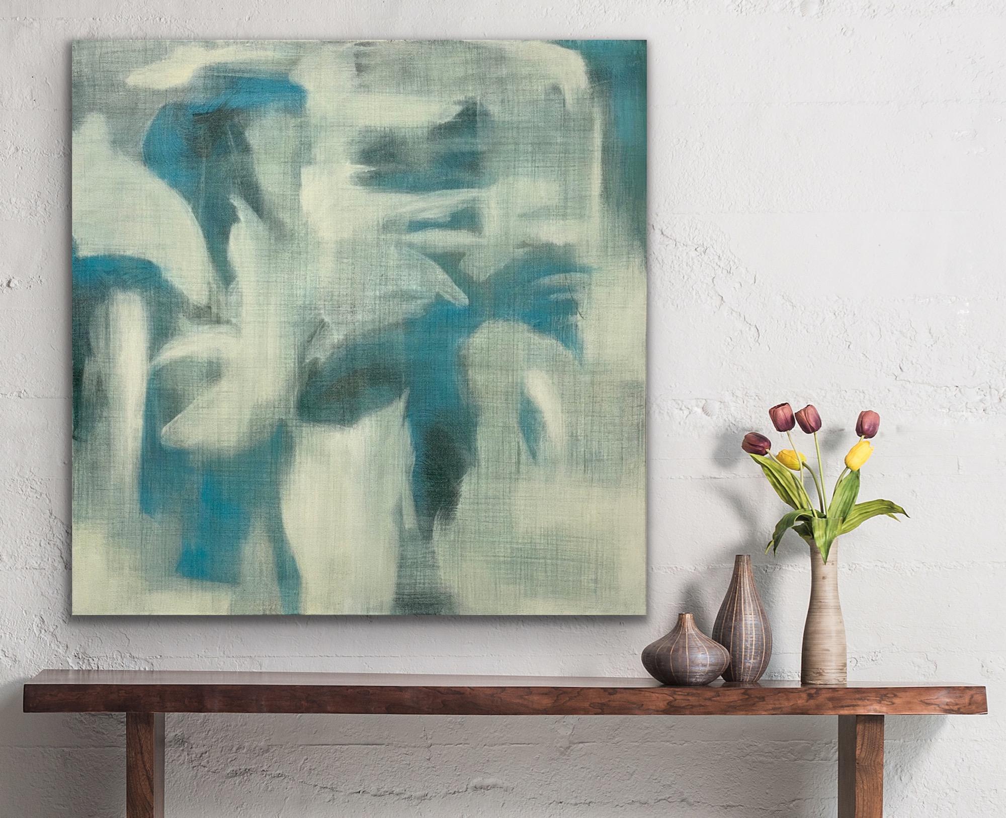 Lino filato, Astratto contemporaneo, blu, bianco, grigio, effetto lino in vendita 8