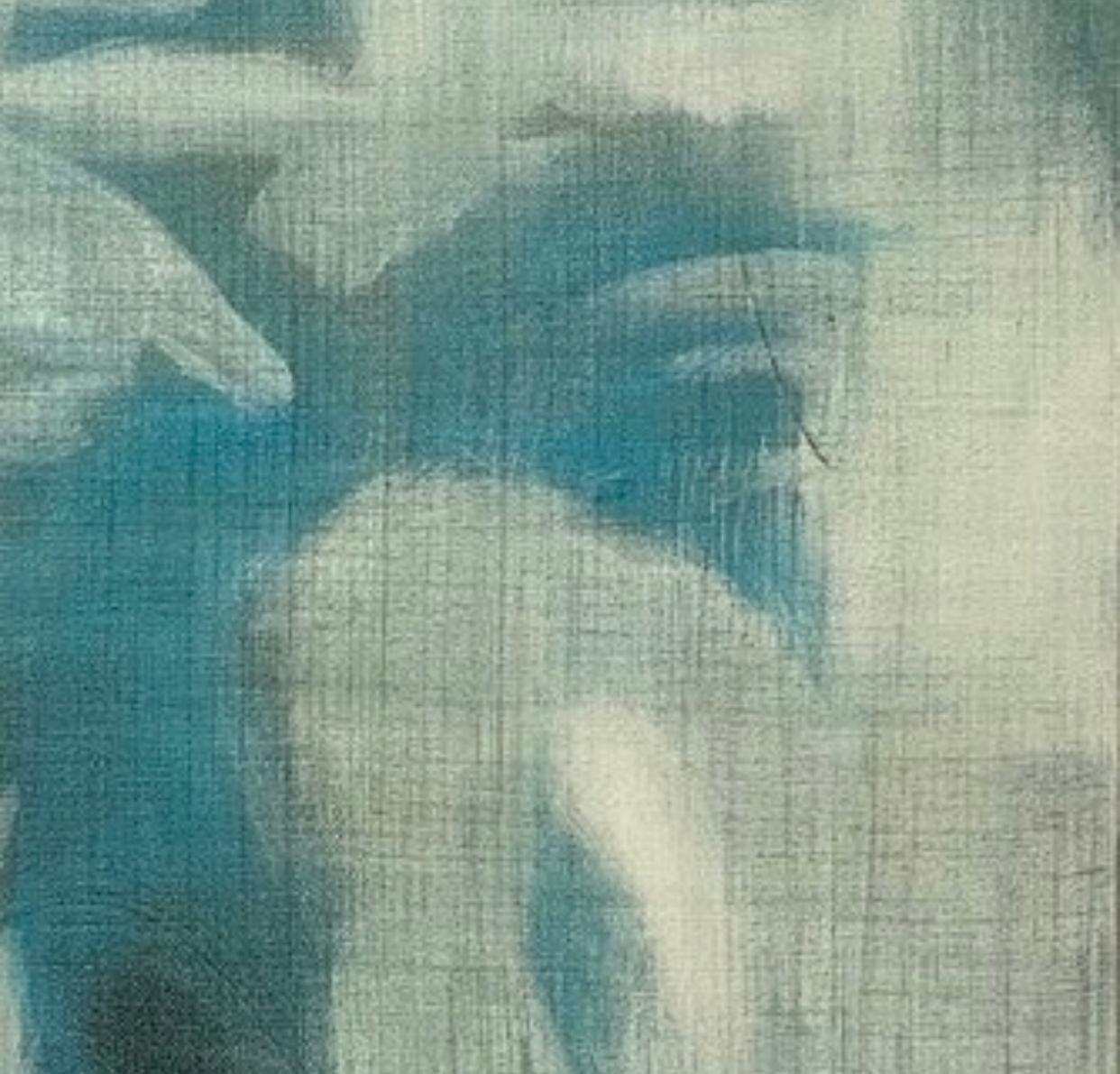 Lino filato, Astratto contemporaneo, blu, bianco, grigio, effetto lino in vendita 1