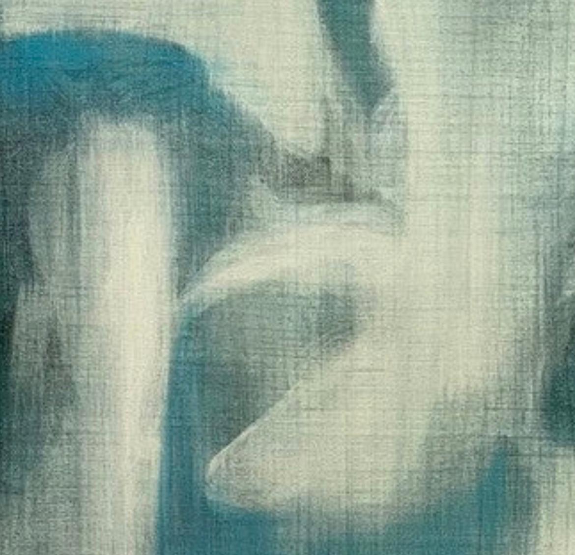 Lino filato, Astratto contemporaneo, blu, bianco, grigio, effetto lino in vendita 2