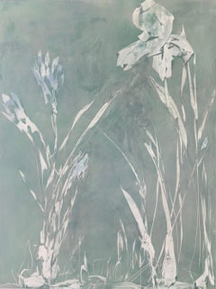 Stillness Rising: Abstract Botanical Painting, teal, minimal