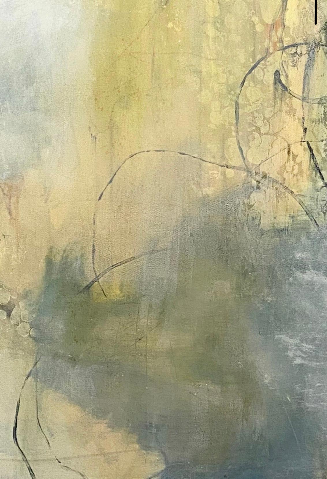 “Summer glow” 48 x 36 inches is a one-of-a-kind original, modern, landscape impressionist painting by Juanita Bellavance. In this highly expressive abstract work, Juanita combined yellow, blue, white and green for an ethereal essence. In the nature