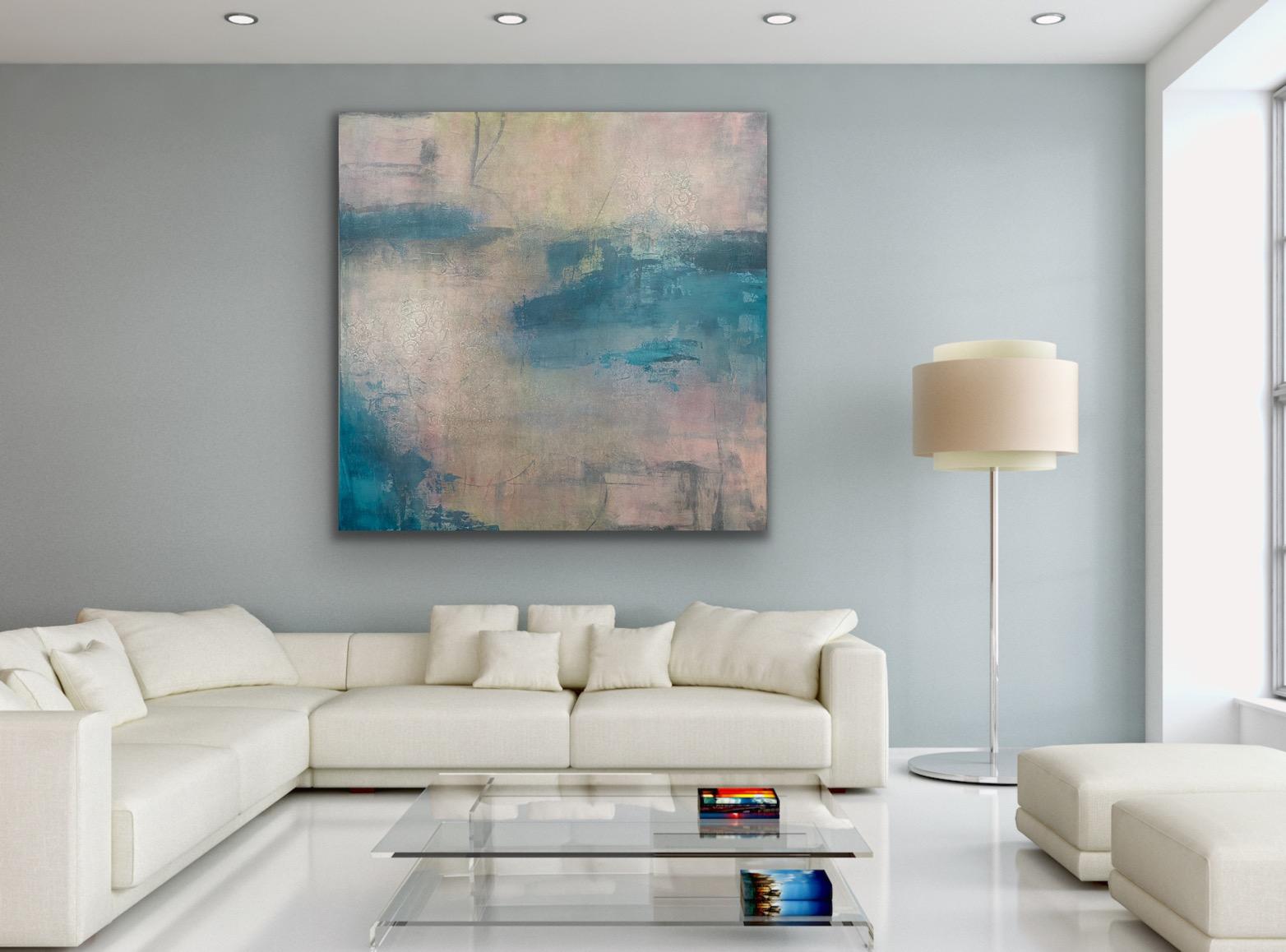 Sunrise on the bay, Contemporary seascape, blue, pink, reflective, asian flair For Sale 9