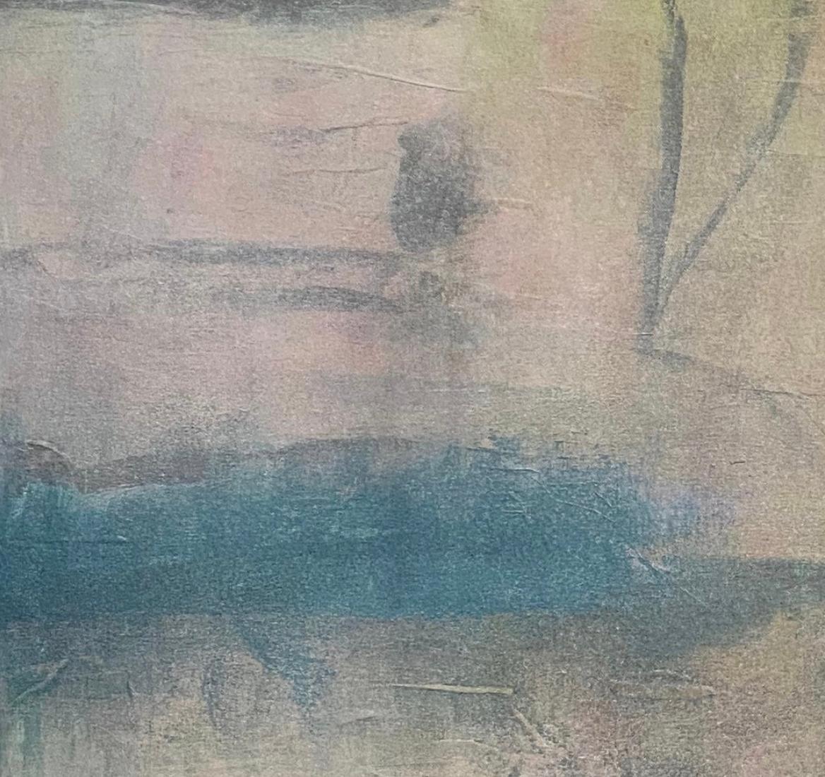 Le lever du soleil sur la baie, paysage marin contemporain, bleu, rose, réflexion, flair asiatique - Painting de Juanita Bellavance 
