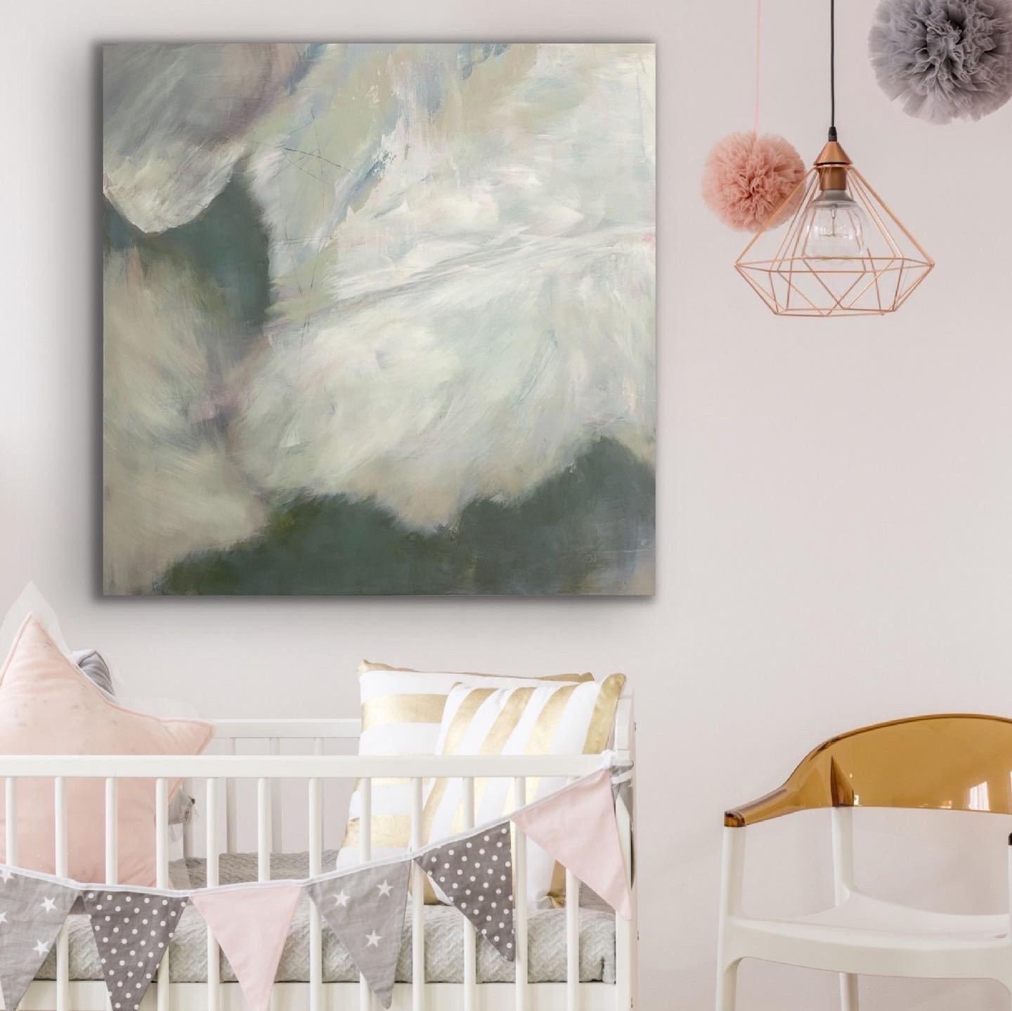 Sweet affection, 2021, Contemporary impressionism, neutral, white, pink, nursery - Painting by Juanita Bellavance 