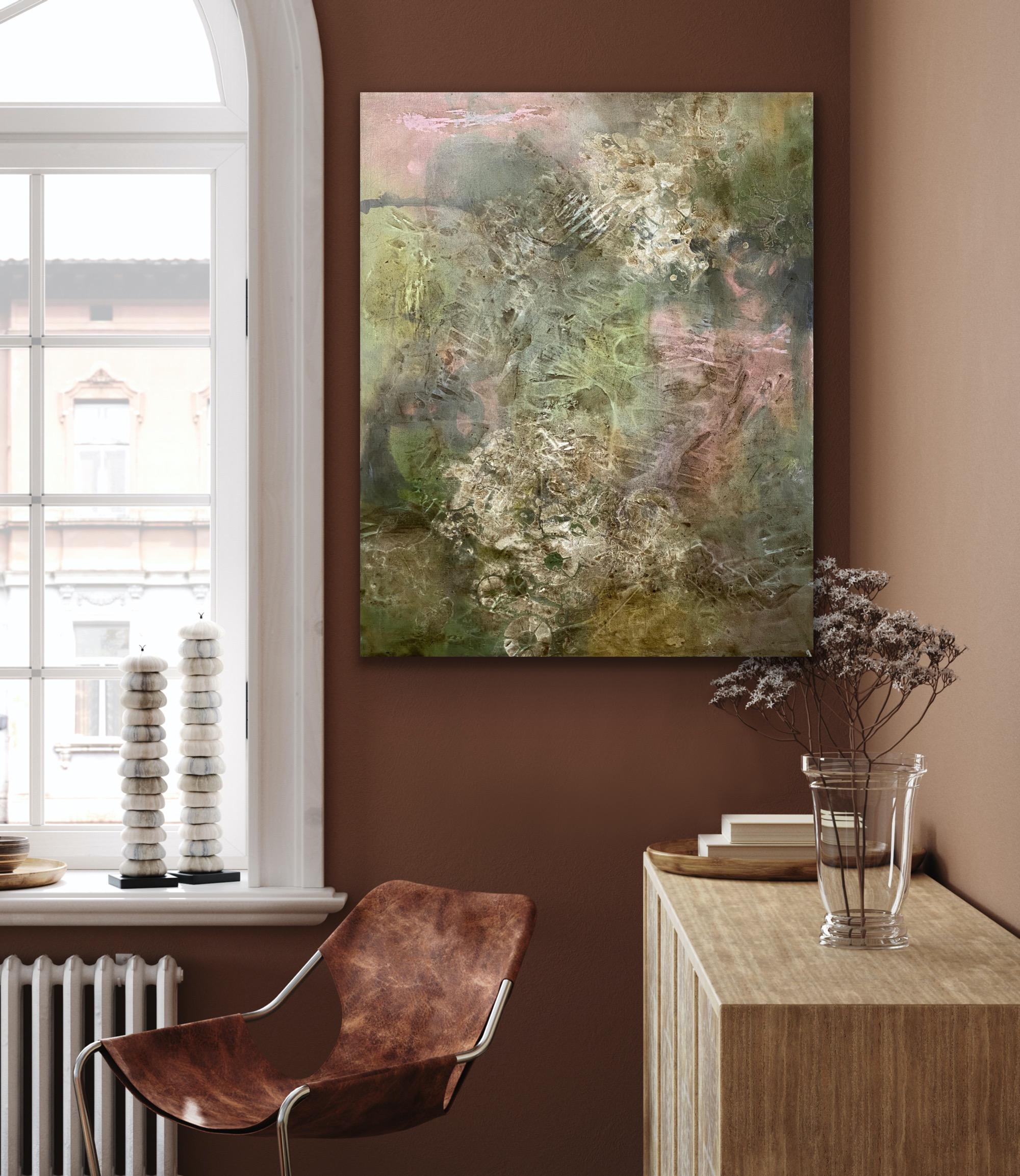 The earth’s foliage, abstract Impressionism, earth tones, pink, white For Sale 4