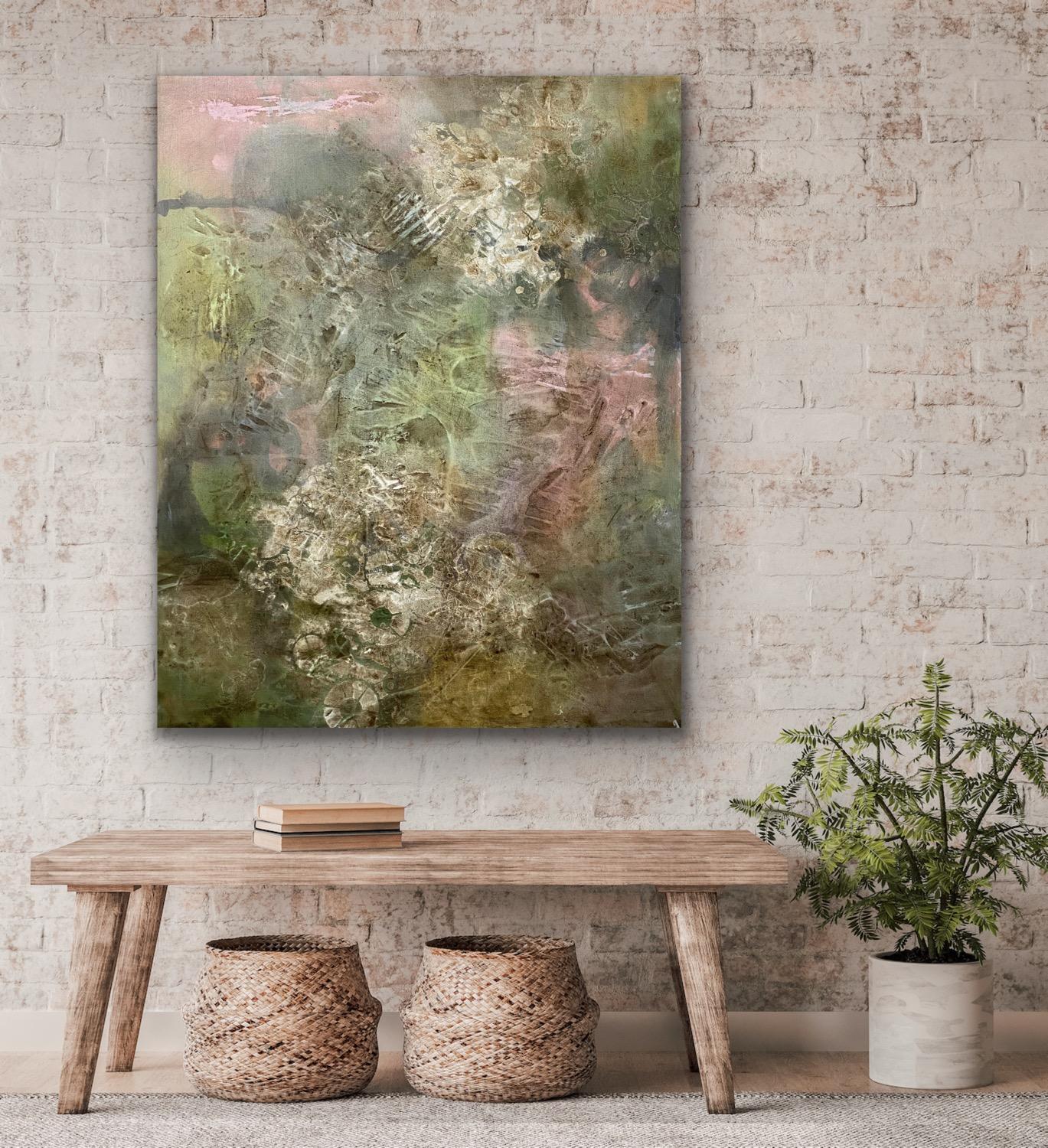 “Earth’s foliage” 60 x 48 inches is a one-of-a-kind original, modern, contemporary abstract painting by Juanita Bellavance.  In this highly expressive abstract work, Juanita combined earthy brown tones with floral pinks and whites.  In the