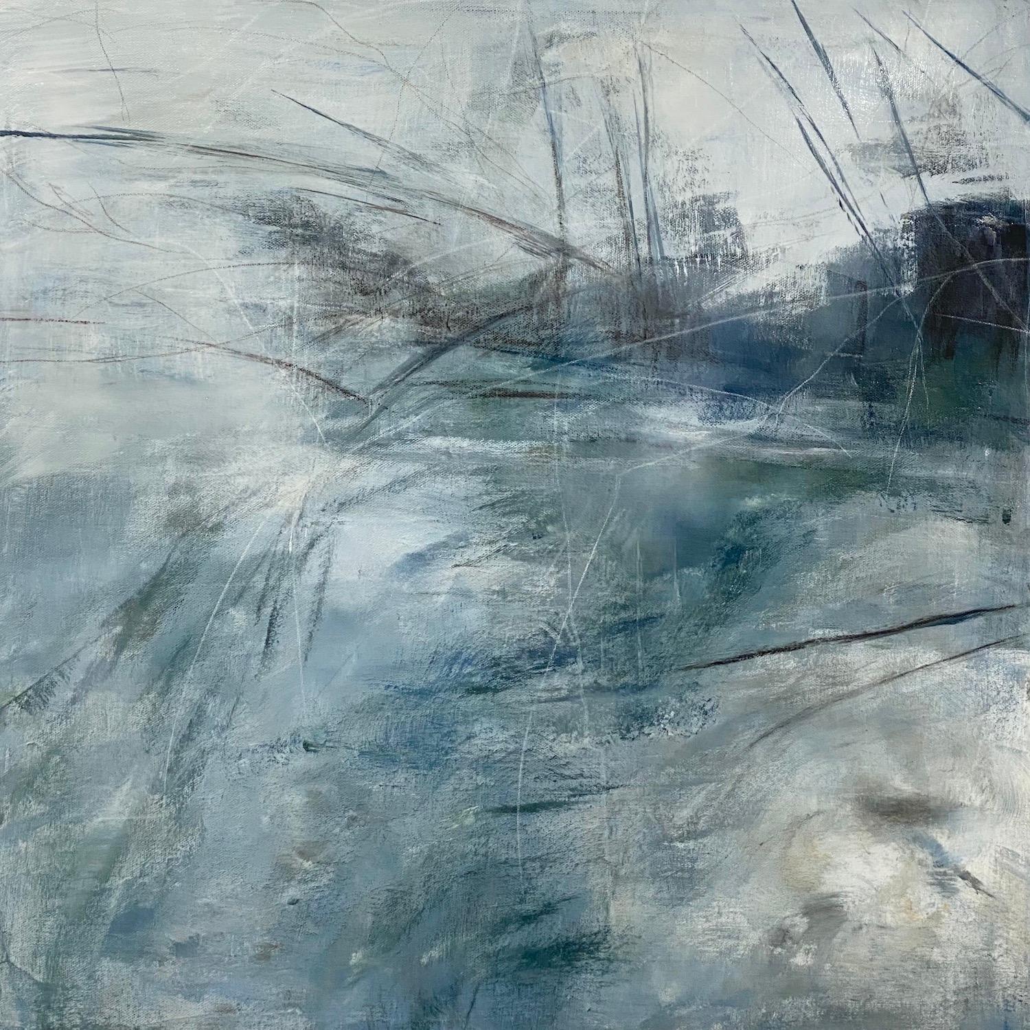 Landscape Painting de Juanita Bellavance  - Comienza el viaje, pintura de paisaje contemporáneo azul y gris