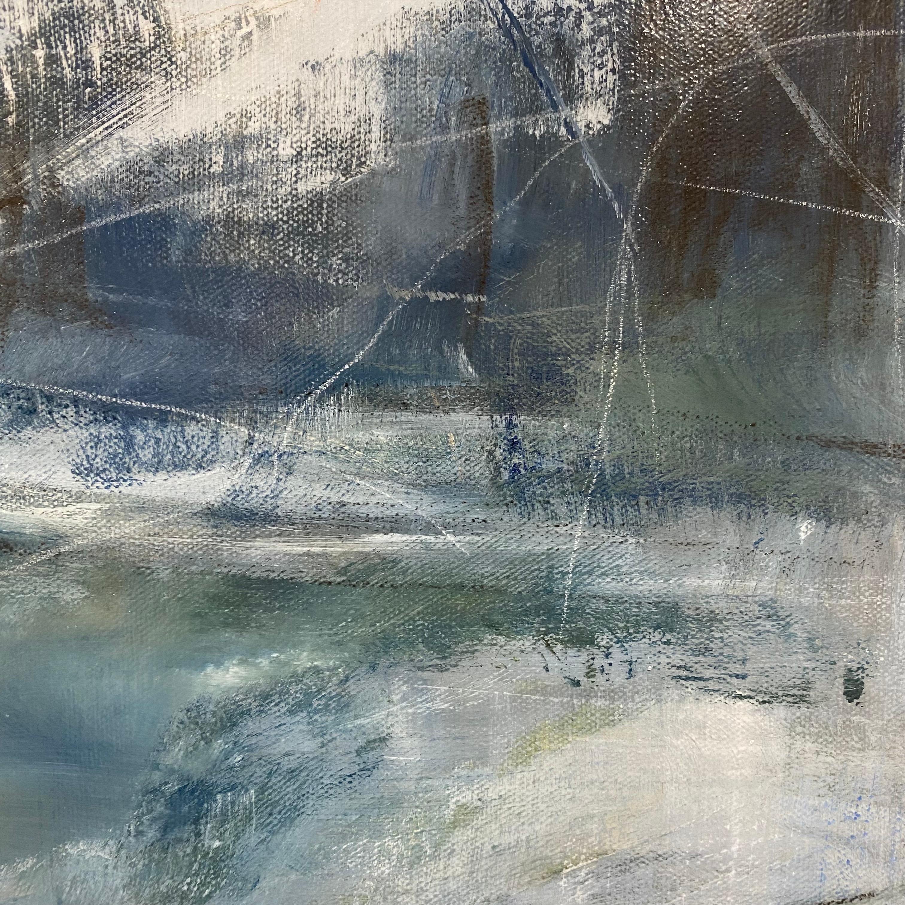 The Journey Begins, blue, gray contemporary landscape painting - Gray Landscape Painting by Juanita Bellavance 