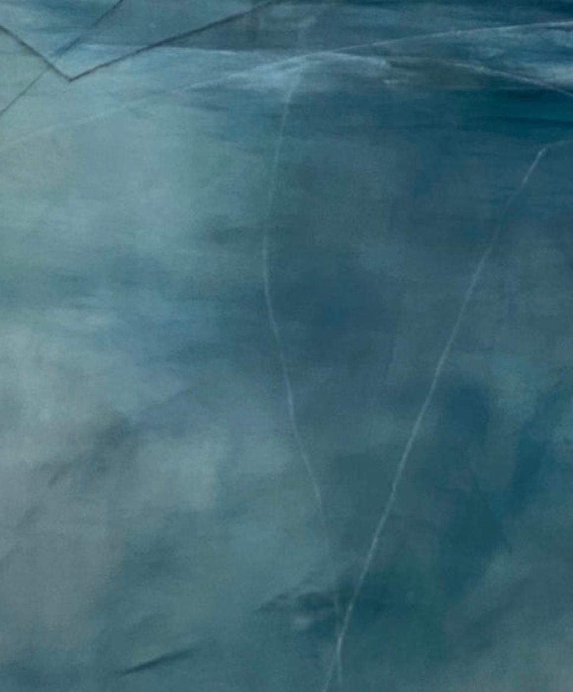 Zeitgenössische abstrakte Malerei aus der Perspektive einer Flusslandschaft.  Das blaue Wasser wäre auch in einem Haus in Florida schön.  Dieses Gemälde ruft ein kontemplatives Gefühl von Frieden und Ruhe hervor.