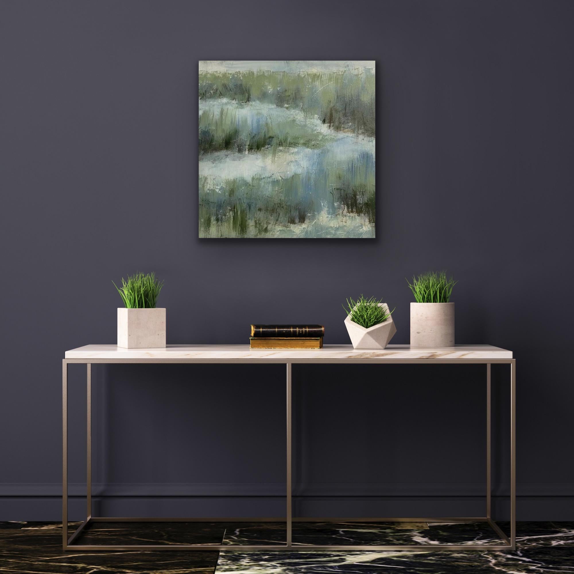 Le bord du marais, peinture contemporaine de marais, vert, bleu, blanc en vente 5