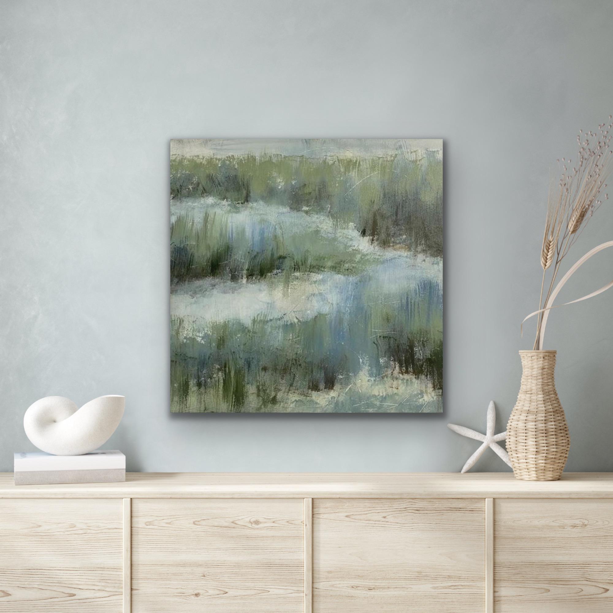 Le bord du marais, peinture contemporaine de marais, vert, bleu, blanc en vente 6