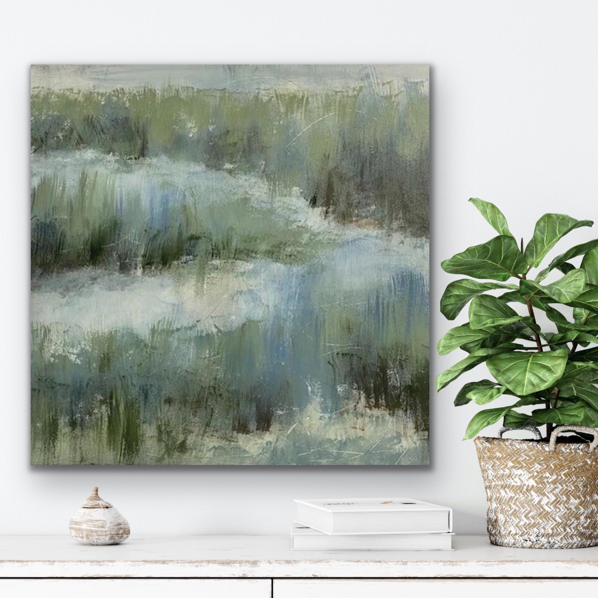 Le bord du marais, peinture contemporaine de marais, vert, bleu, blanc en vente 7
