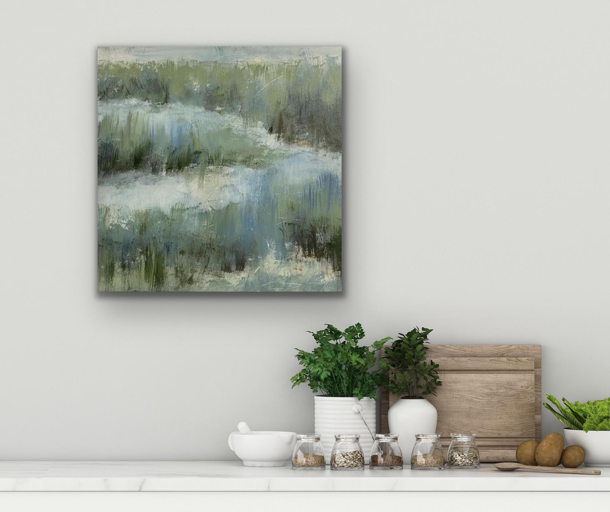 Le bord du marais, peinture contemporaine de marais, vert, bleu, blanc en vente 9