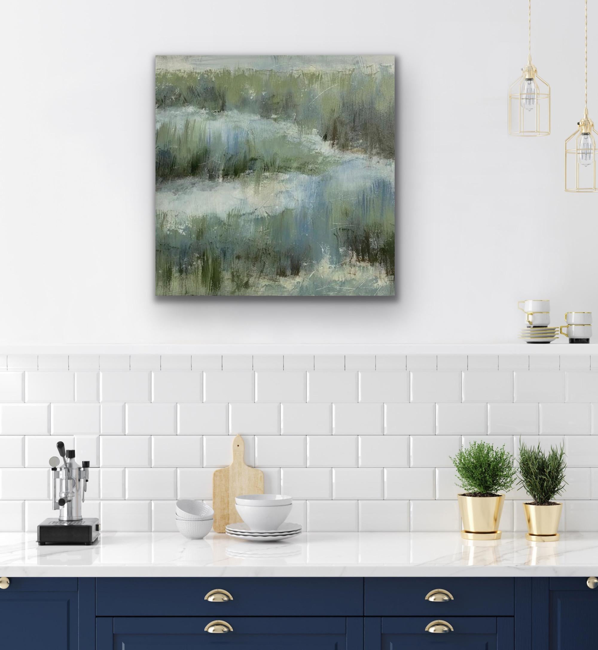Le bord du marais, peinture contemporaine de marais, vert, bleu, blanc en vente 10