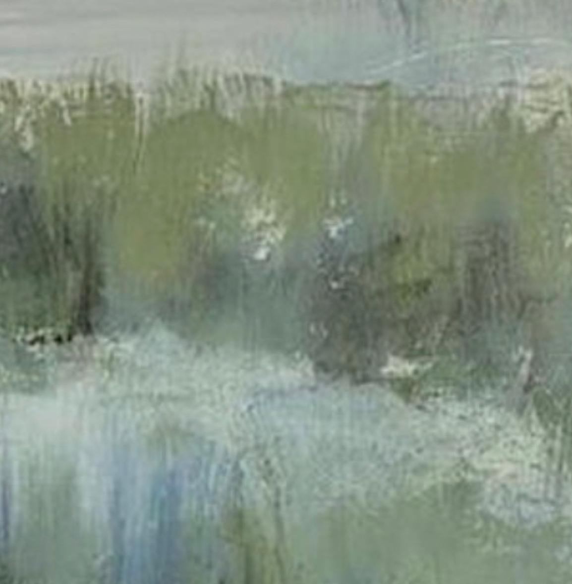 Le bord du marais, peinture contemporaine de marais, vert, bleu, blanc - Painting de Juanita Bellavance 