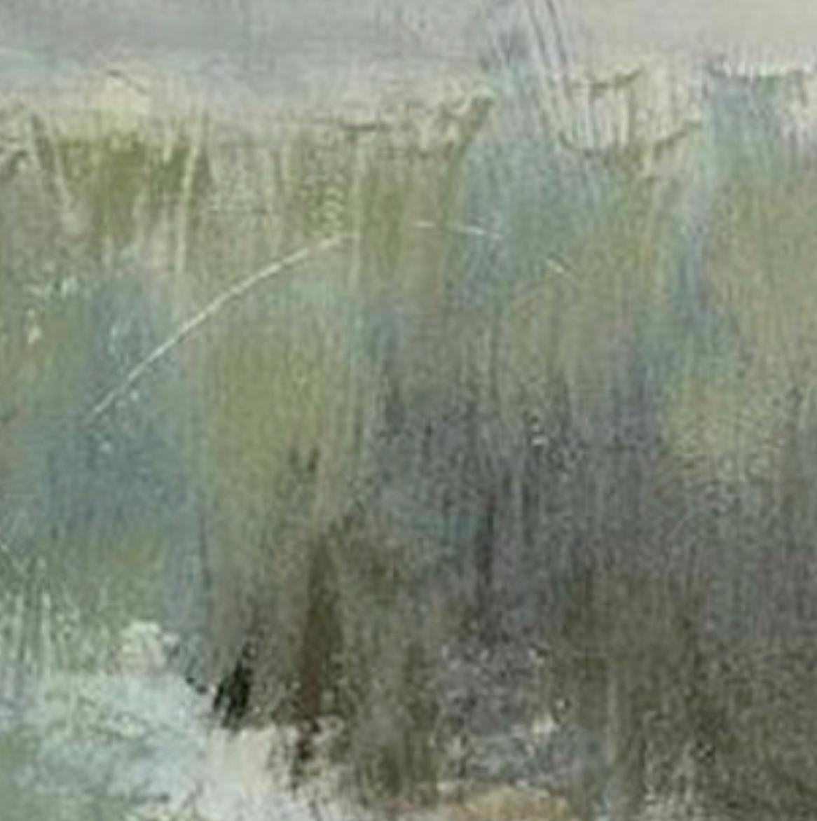 Le bord du marais, peinture contemporaine de marais, vert, bleu, blanc - Impressionnisme abstrait Painting par Juanita Bellavance 