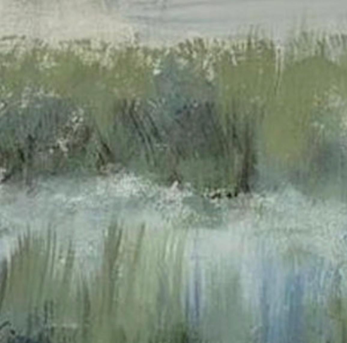 Zeitgenössisches Marsch's brim-Gemälde, grün, blau, weiß (Grau), Abstract Painting, von Juanita Bellavance 