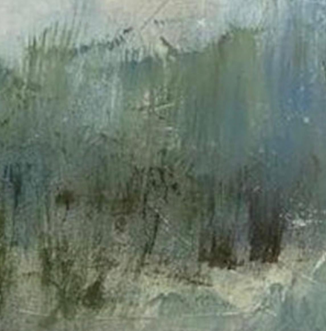 Le bord du marais, peinture contemporaine de marais, vert, bleu, blanc en vente 2