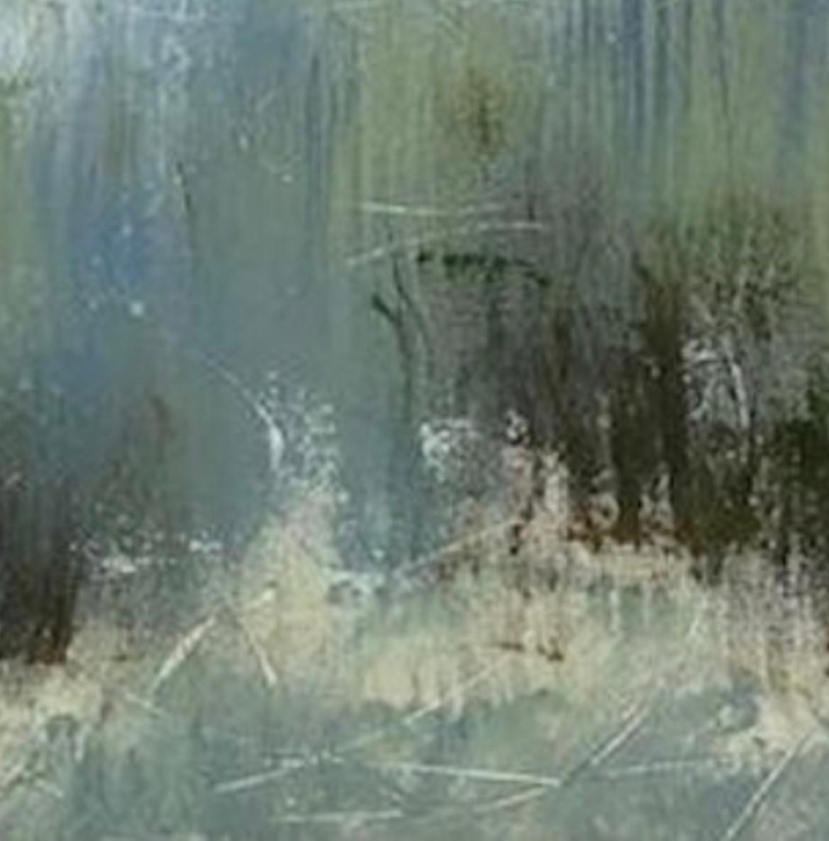 Le bord du marais, peinture contemporaine de marais, vert, bleu, blanc en vente 3