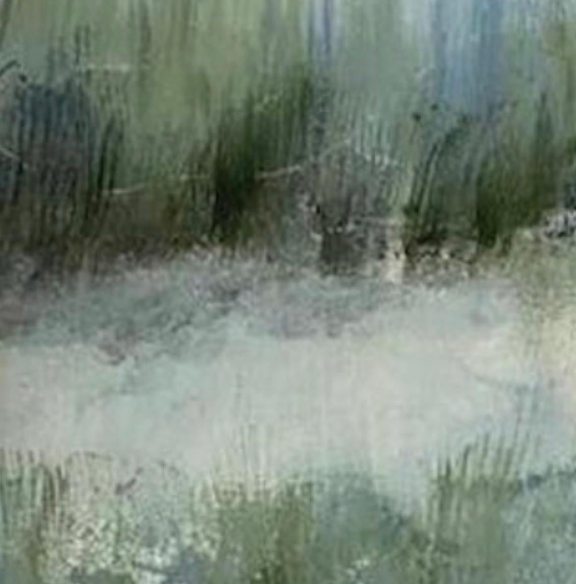 Le bord du marais, peinture contemporaine de marais, vert, bleu, blanc en vente 4