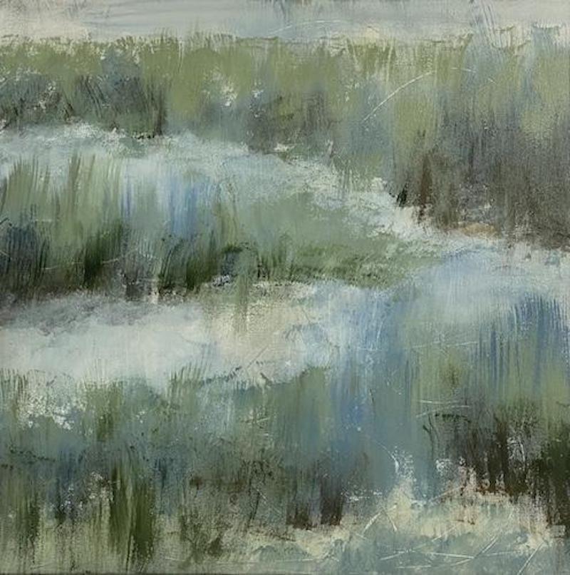 Abstract Painting Juanita Bellavance  - Le bord du marais, peinture contemporaine de marais, vert, bleu, blanc